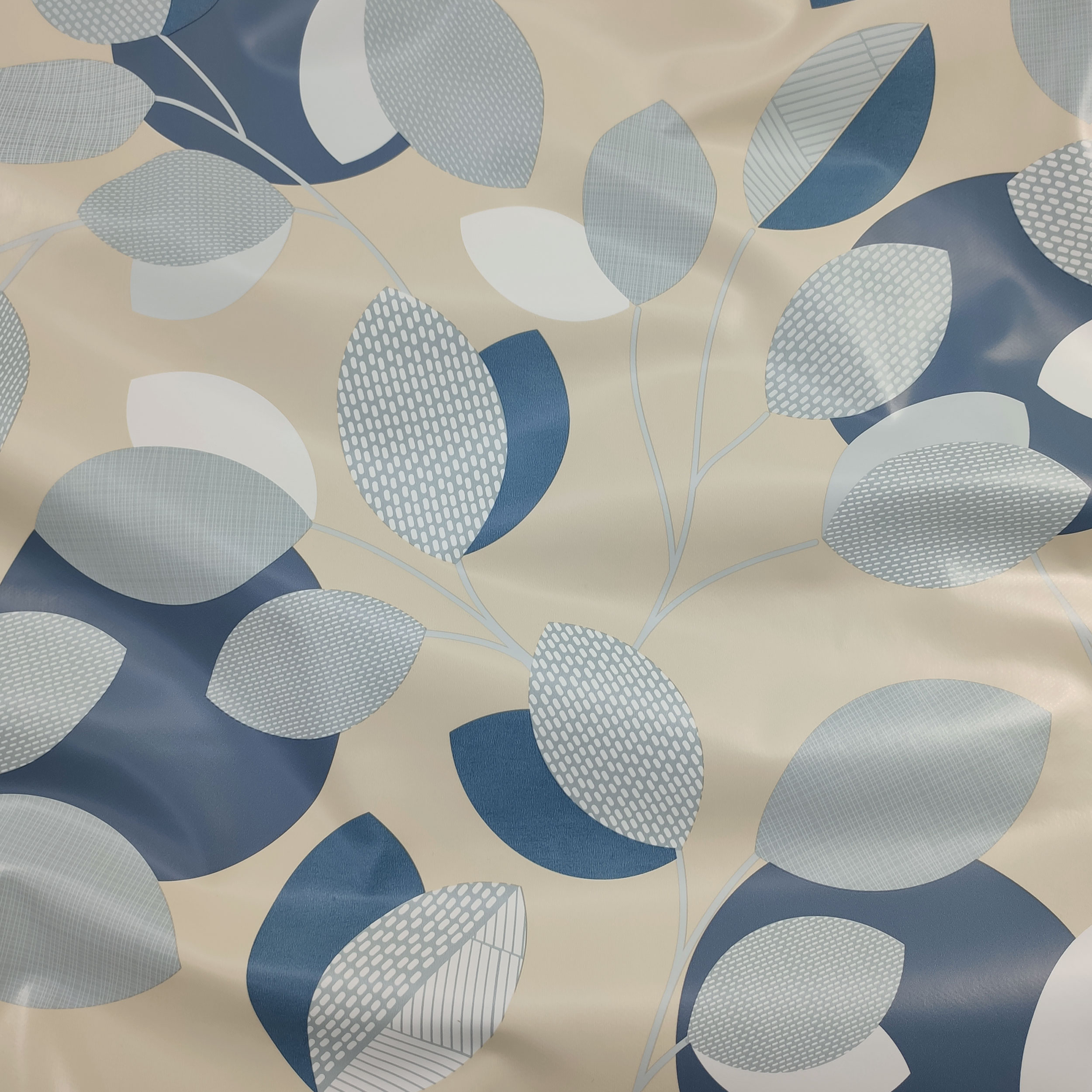 Fabric for Plastic-coated Tablecloth Light Blue Leaves