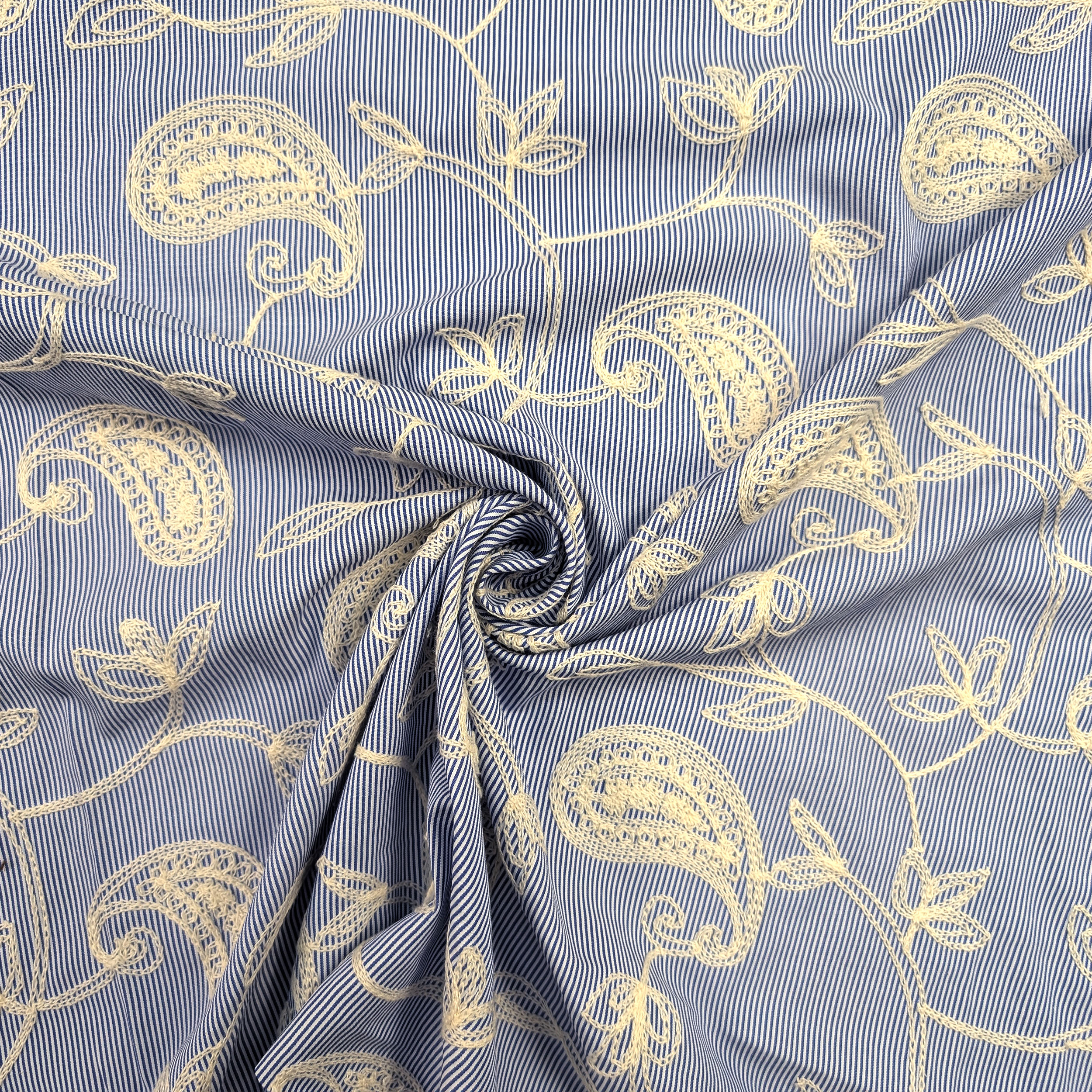 Blue Fine-Striped Cotton with Embroidered Leaves Image
