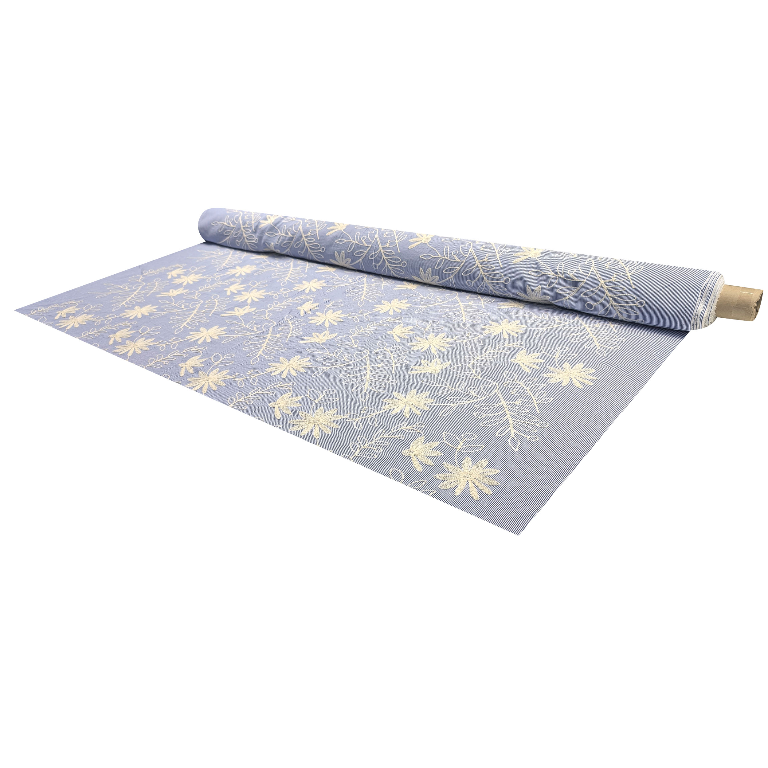 Blue Fine-Striped Cotton with Embroidered Flowers Image