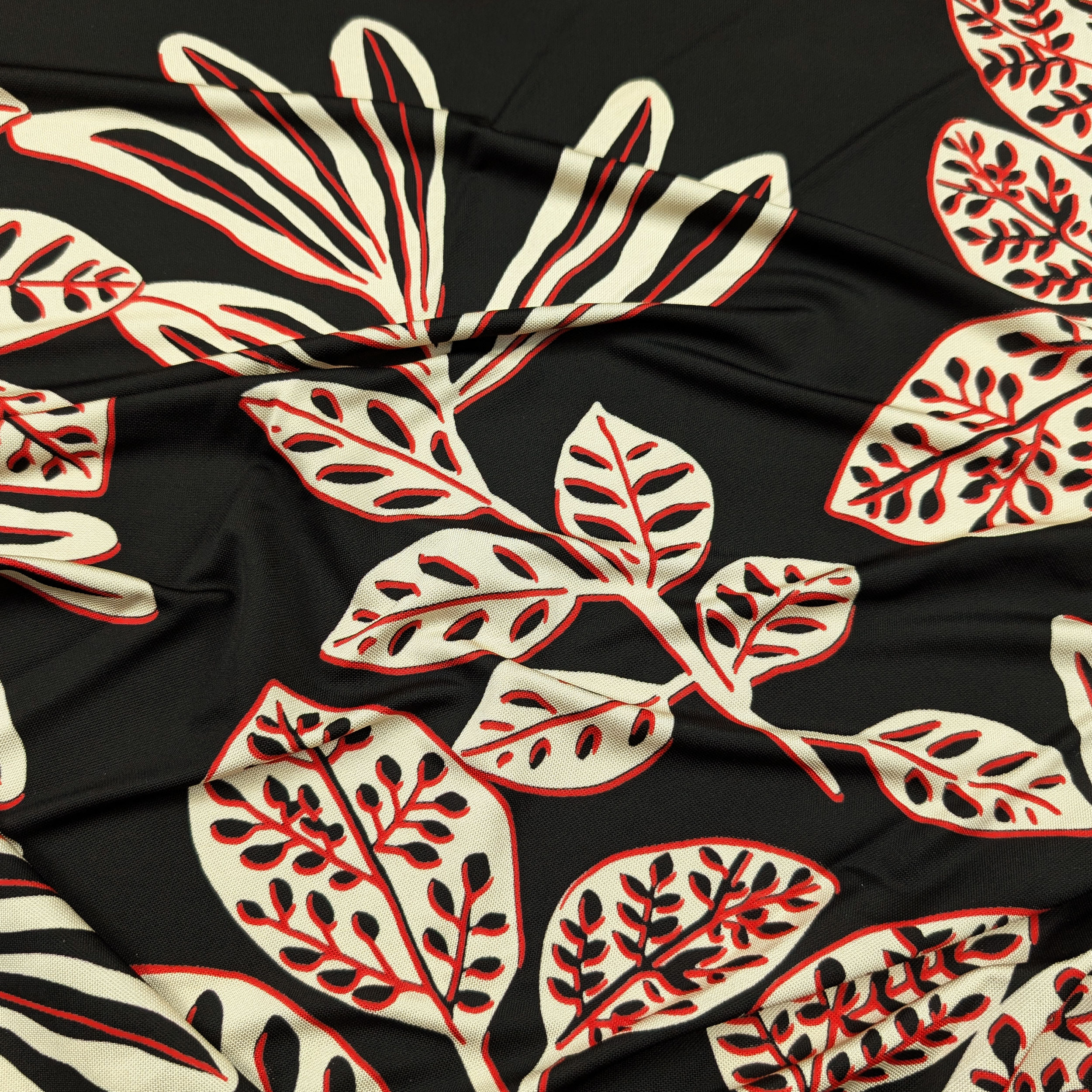 Viscose Jersey Natural Silk Leaves Red Border Image