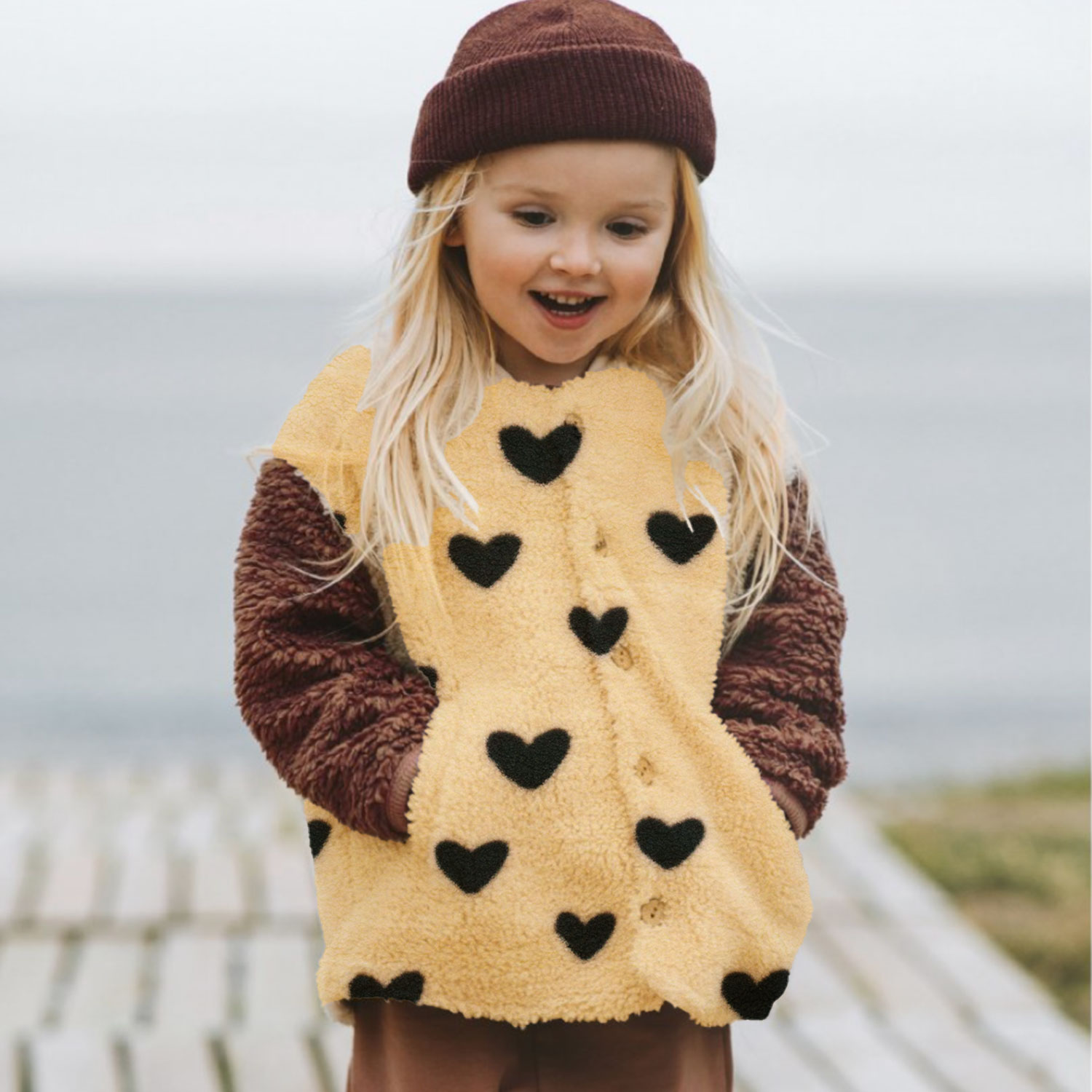 Tissu Sherpa Beige Black Hearts