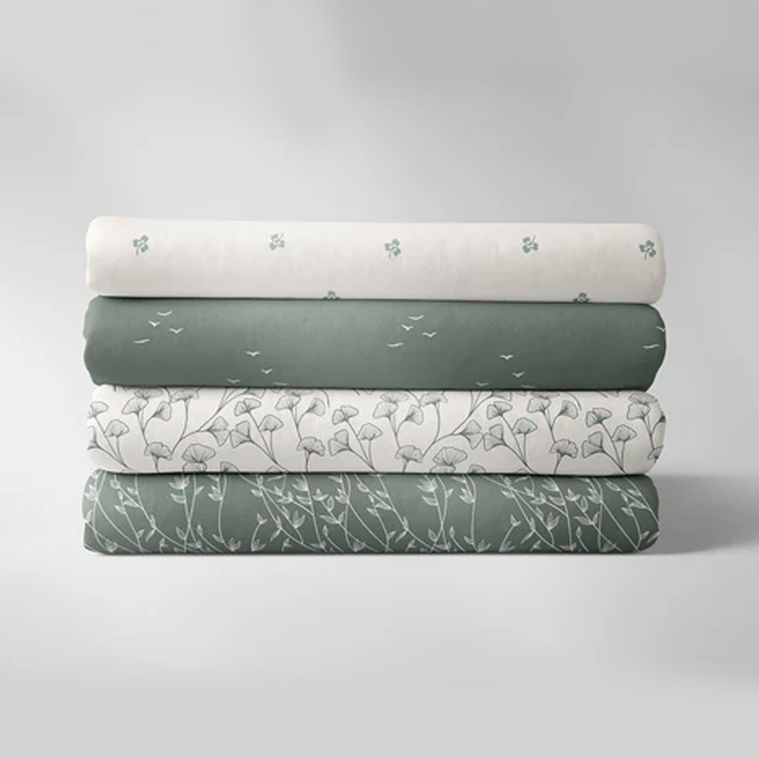 Sage Cotton Poplin with Branches and White Leaves