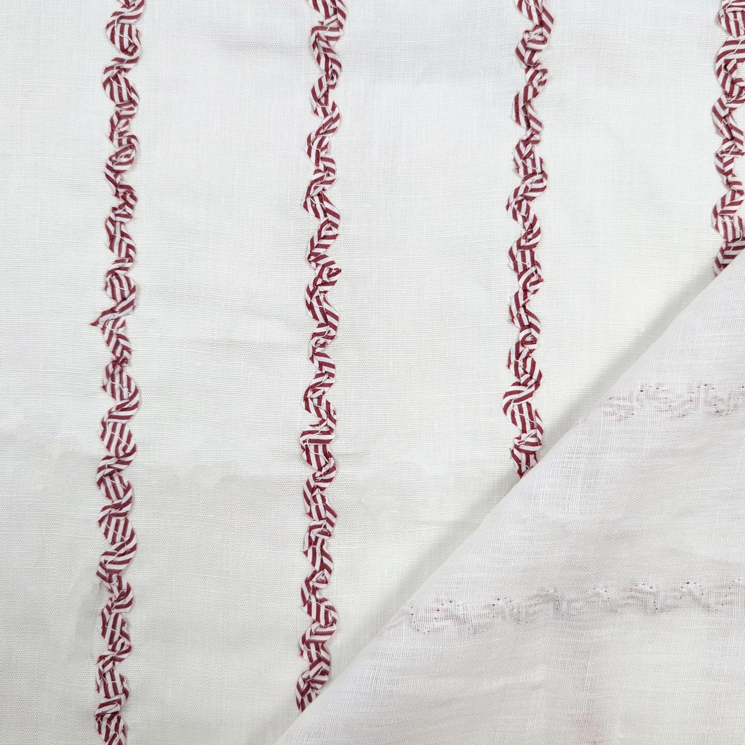 Pure Linen Fabric with Red Wavy Stripes Pattern Image