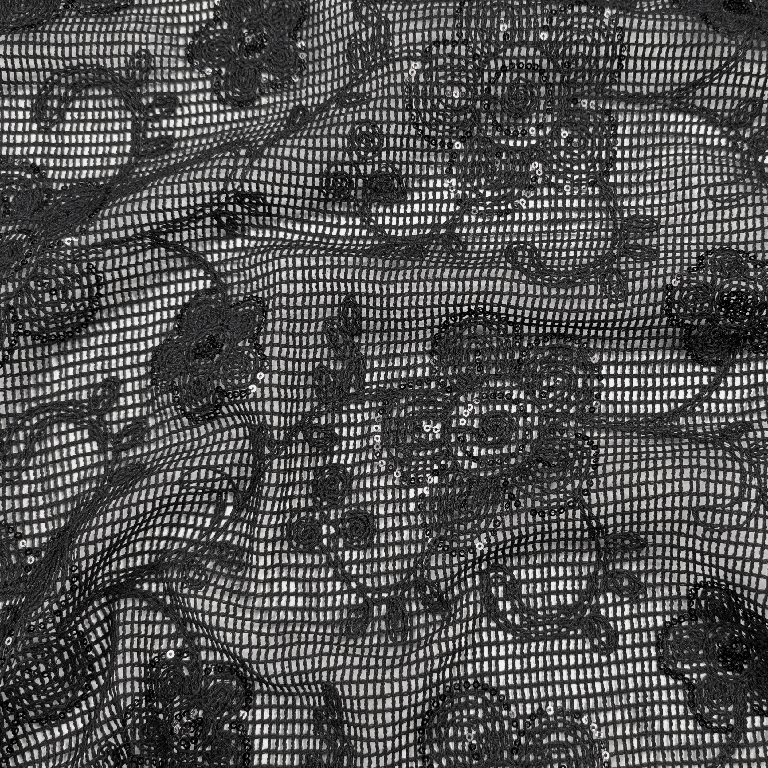 Embroidery On Black Mesh Flowers With Sequins Image