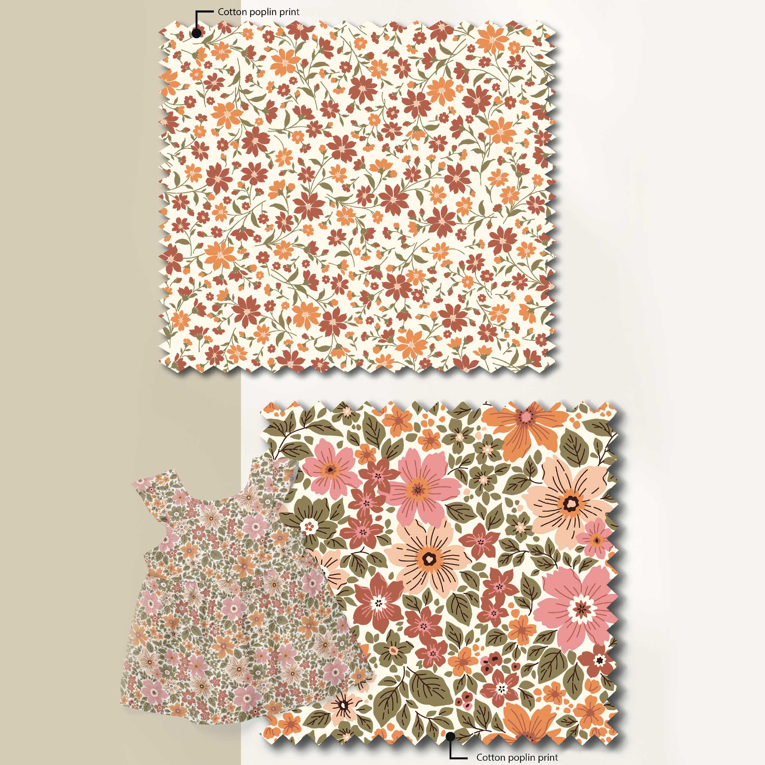 Poplin Cotton Flowers Orange Tones