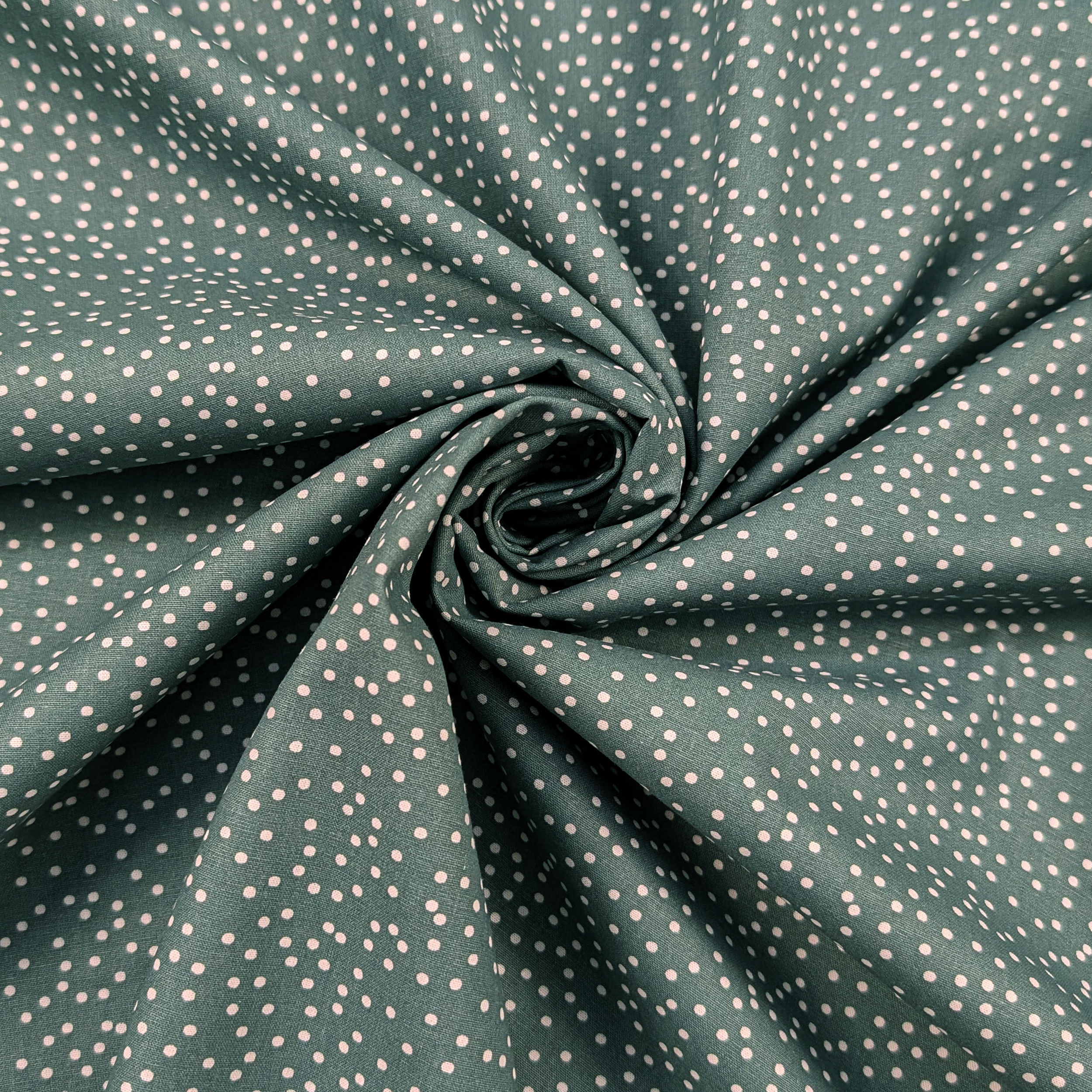 Coton blanc à pois fond vert gris