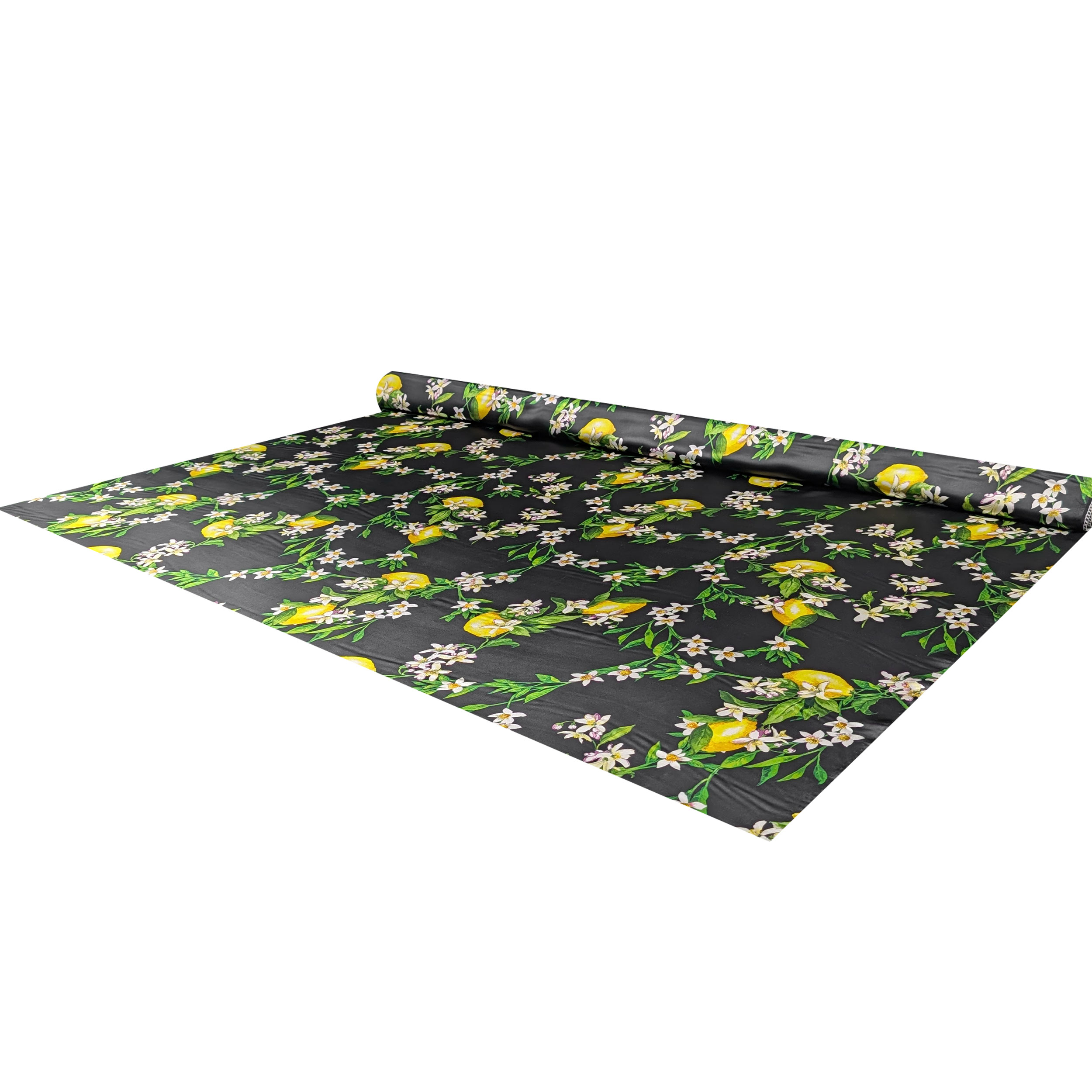 Satin Silk Viscose Natural Black Flowers and Lemons Image