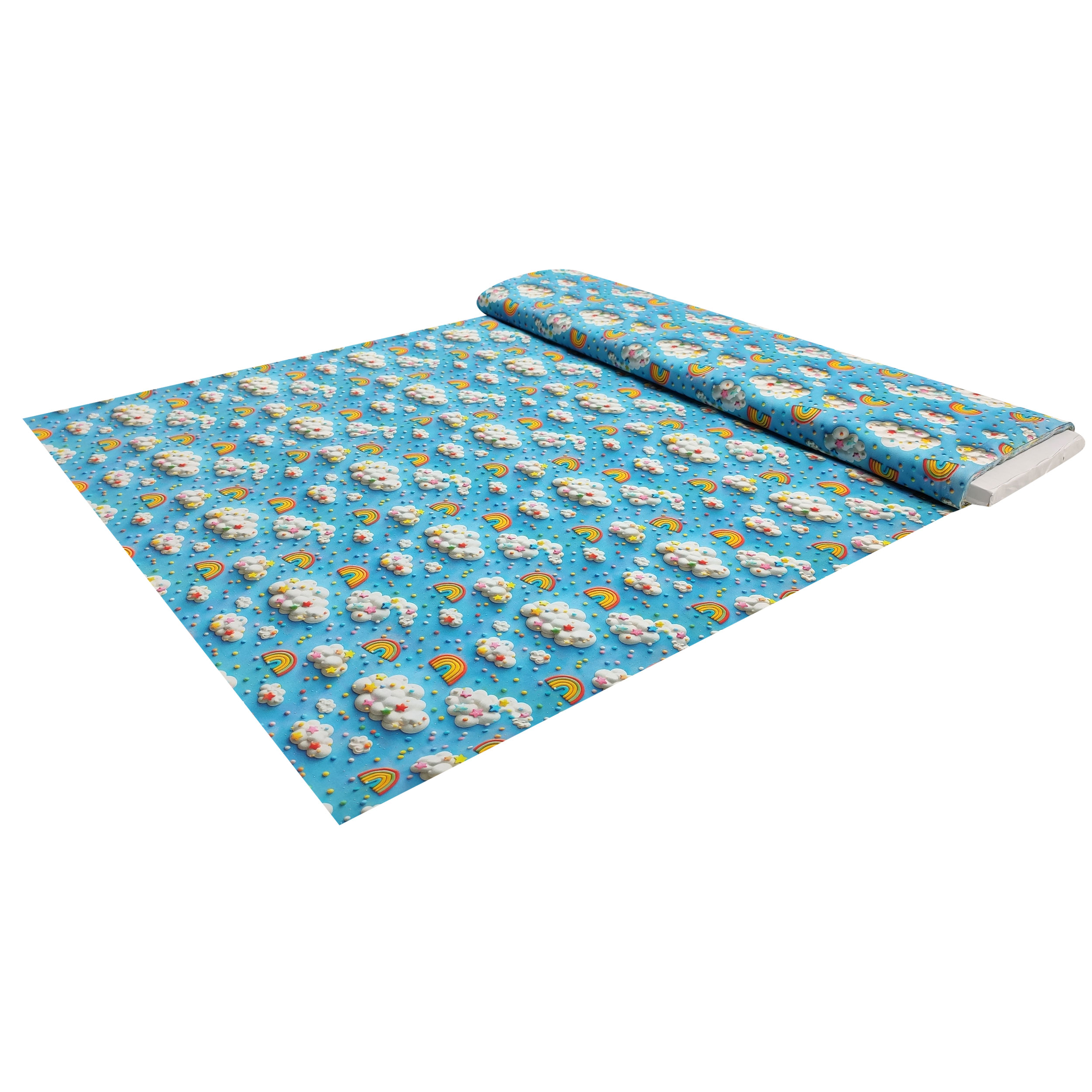 Cotton Digital Rainbows and Clouds Blue Background