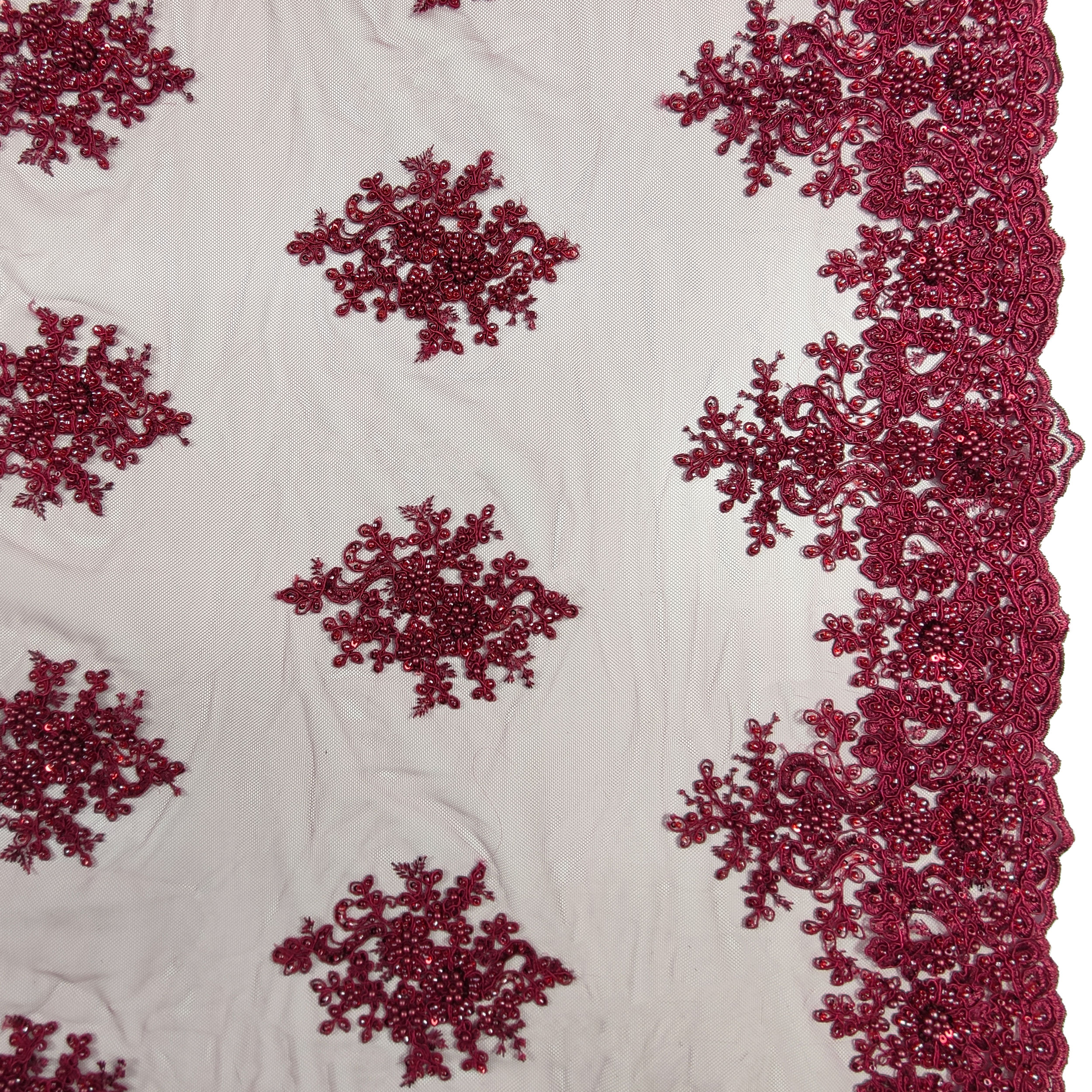 Tulle brodé perlé Lux Bordeaux
