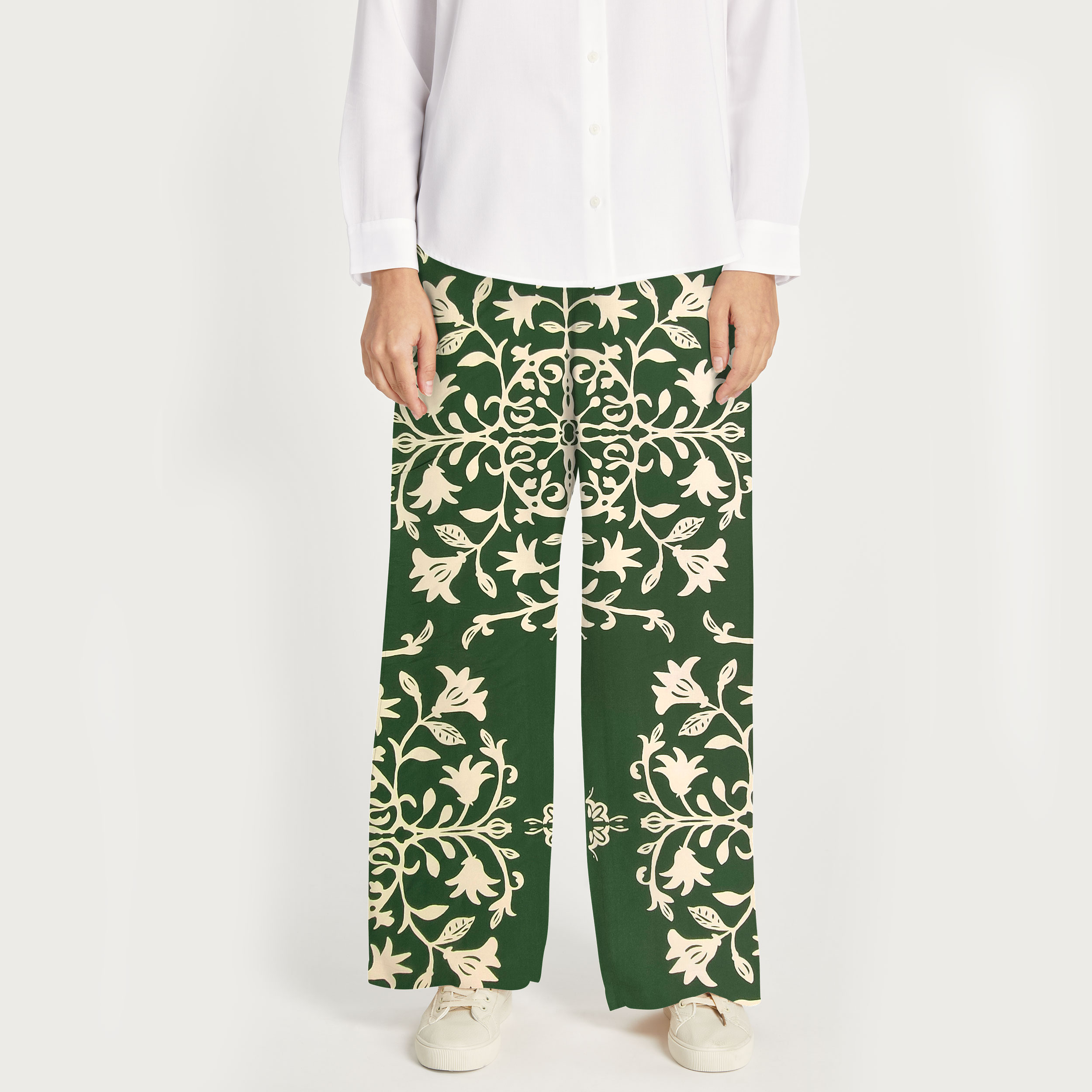 Fantaisie florale verte Satin de coton crème