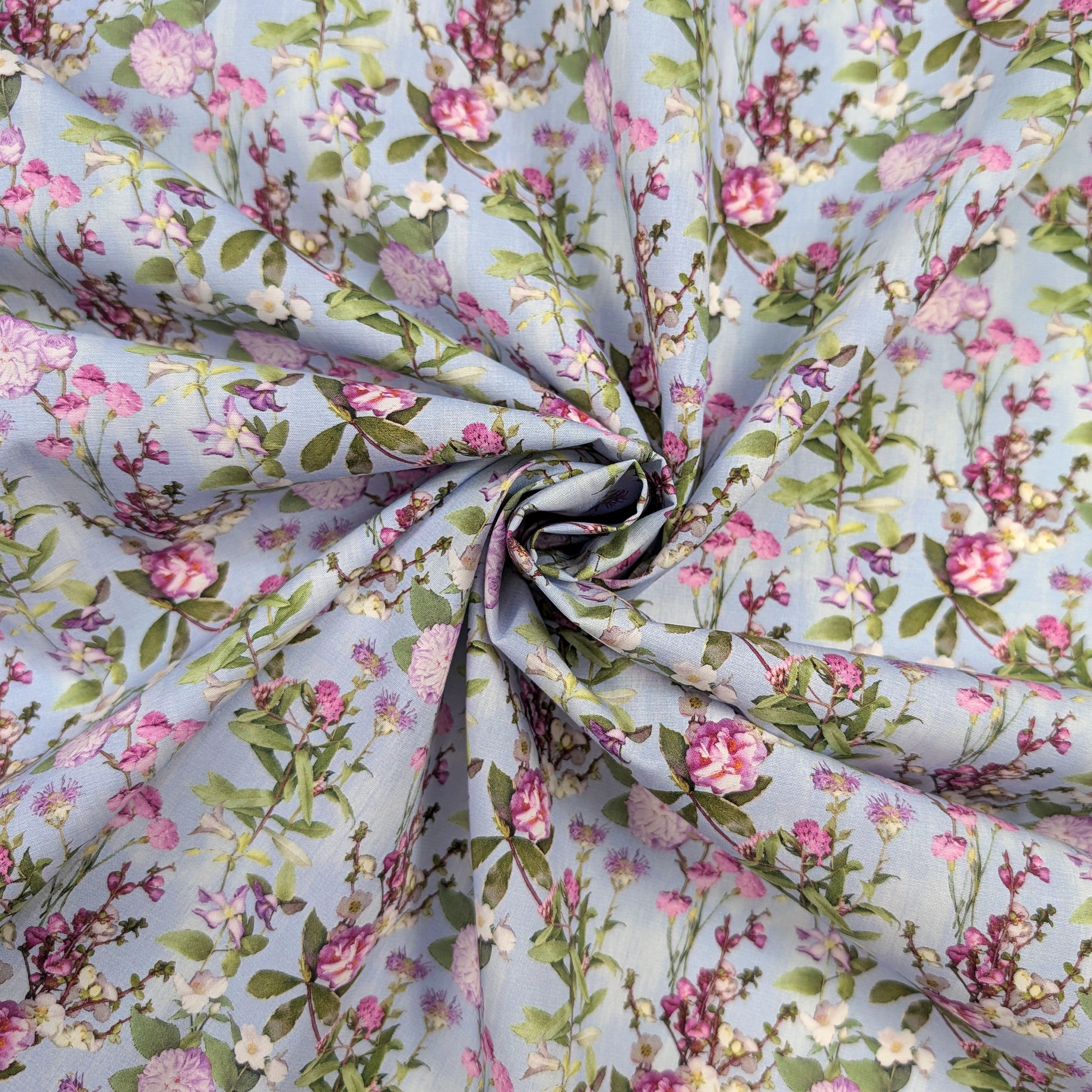 Poplin Cotton Floral Flowers Fuxia and Lilac Image