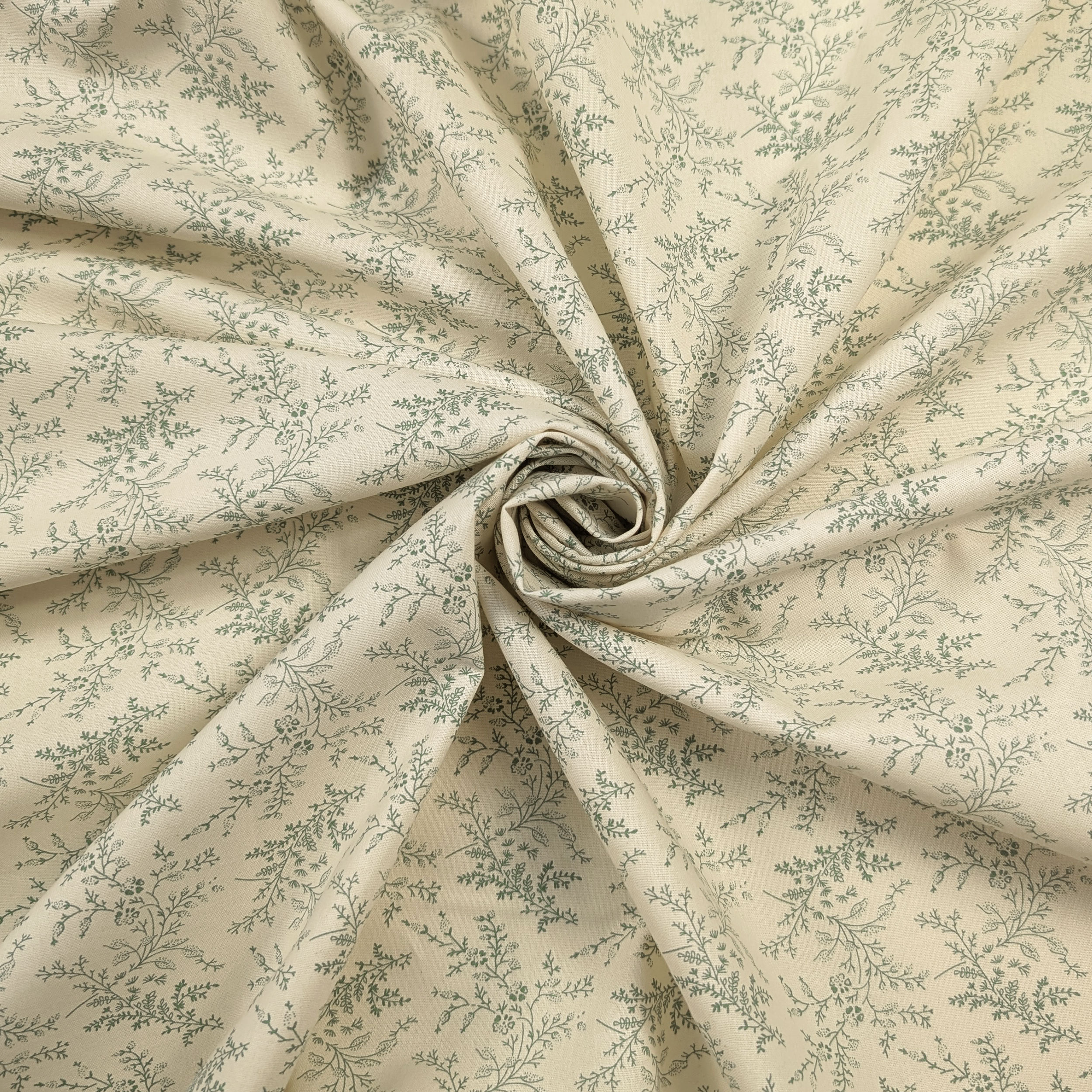 Vintage-print cotton poplin with green branches and flowers Image