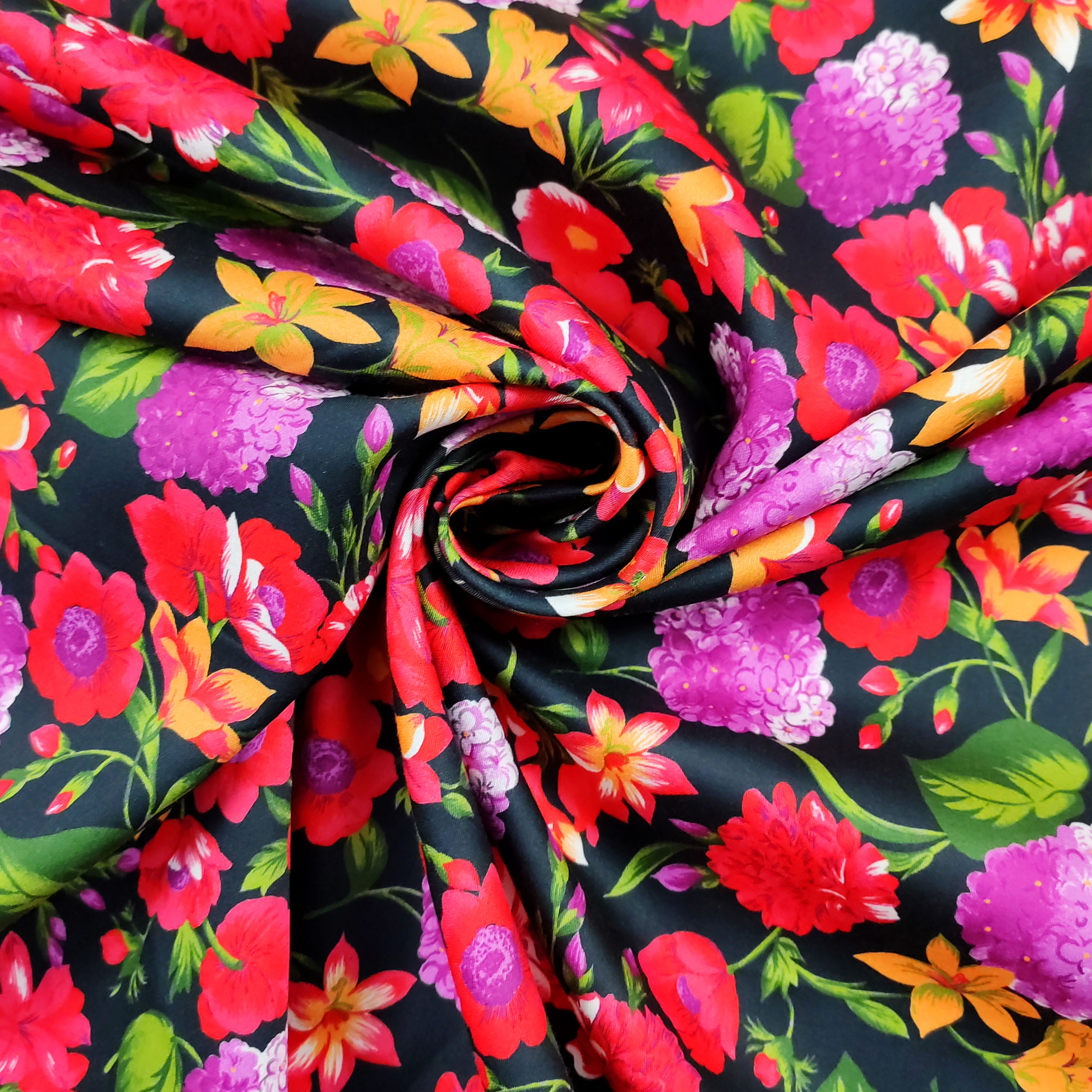 Cotton Rasatello Black Background with Red and Fuxia Flowers