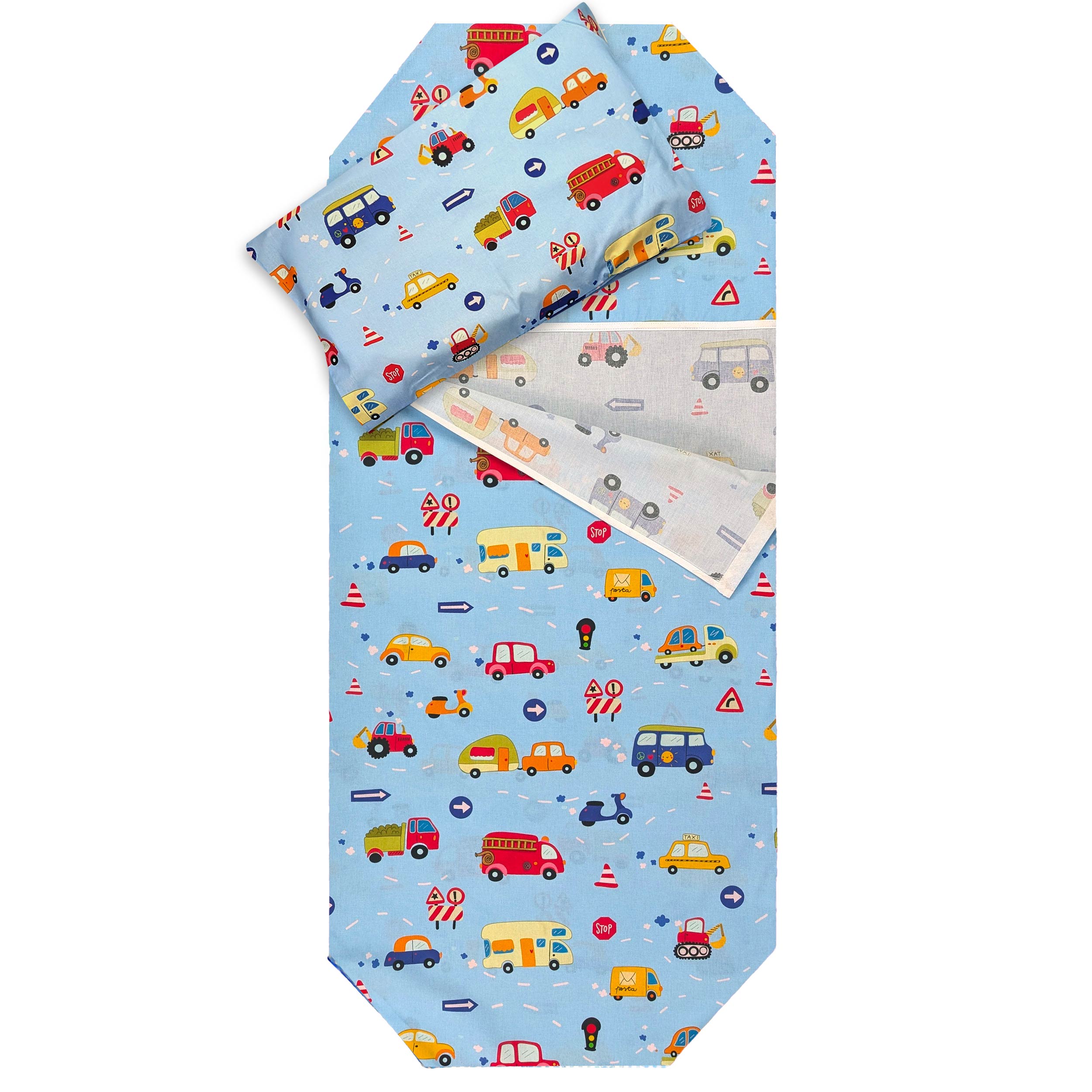 Contoured Summer Sleeping Bag for Camp Beds and Toy Cars – Light Blue Background Image