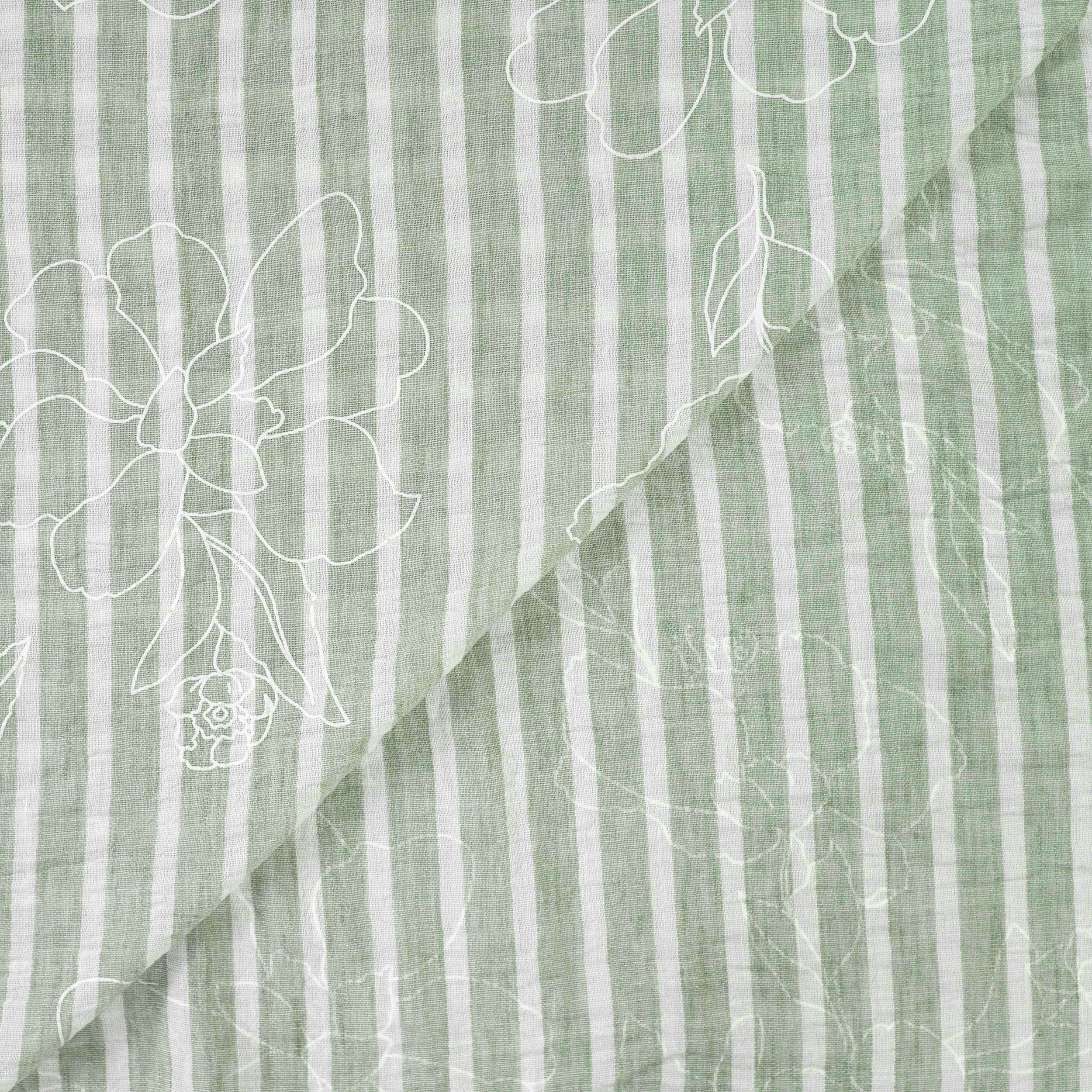 Mixed Linen Green and White Stripes with Flowers Image