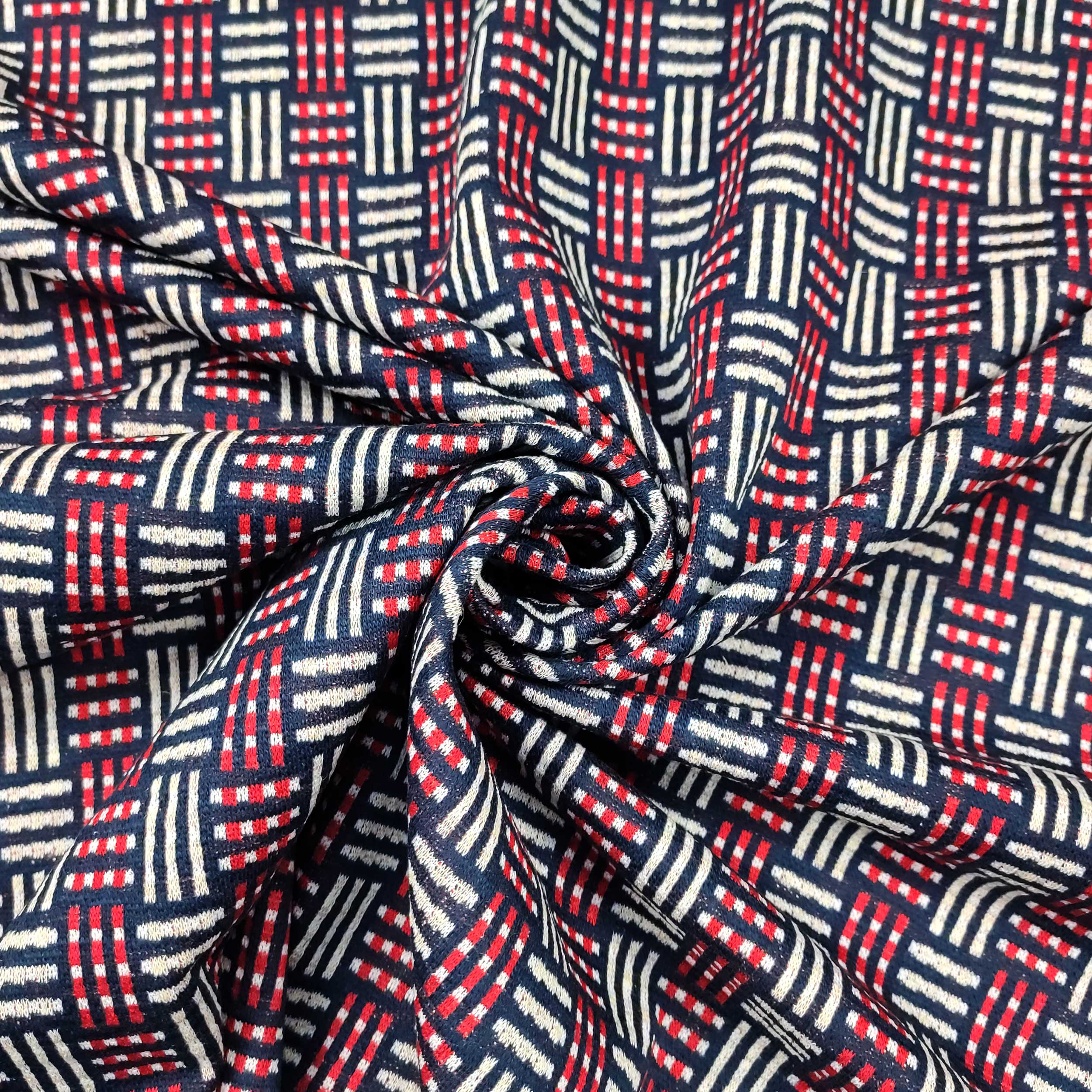 Tissu de coton mélangé Rouge et blanc Fond bleu géométrique Image