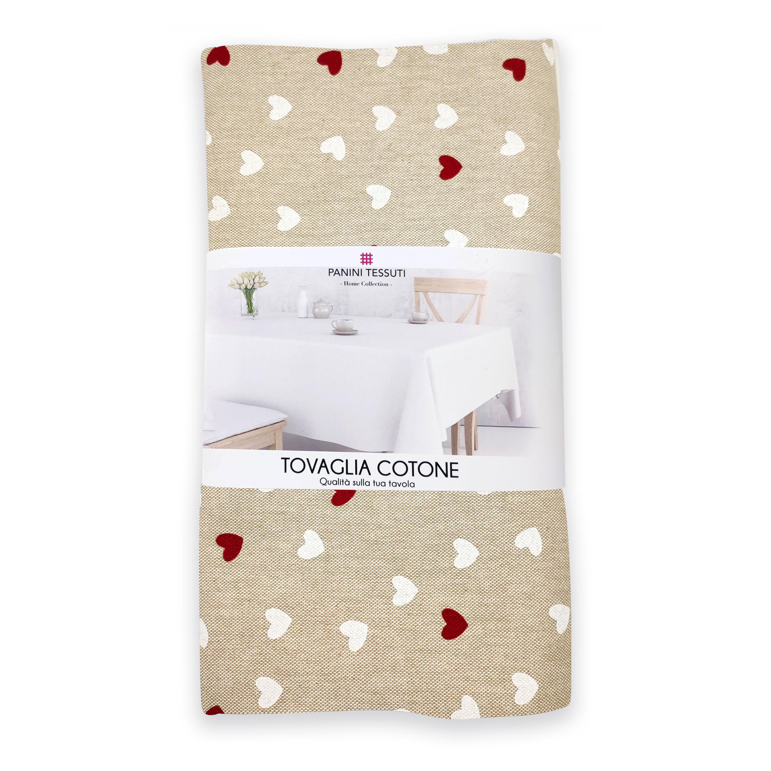 Konfektionierte Tischdecke mit roten und weißen Herzen