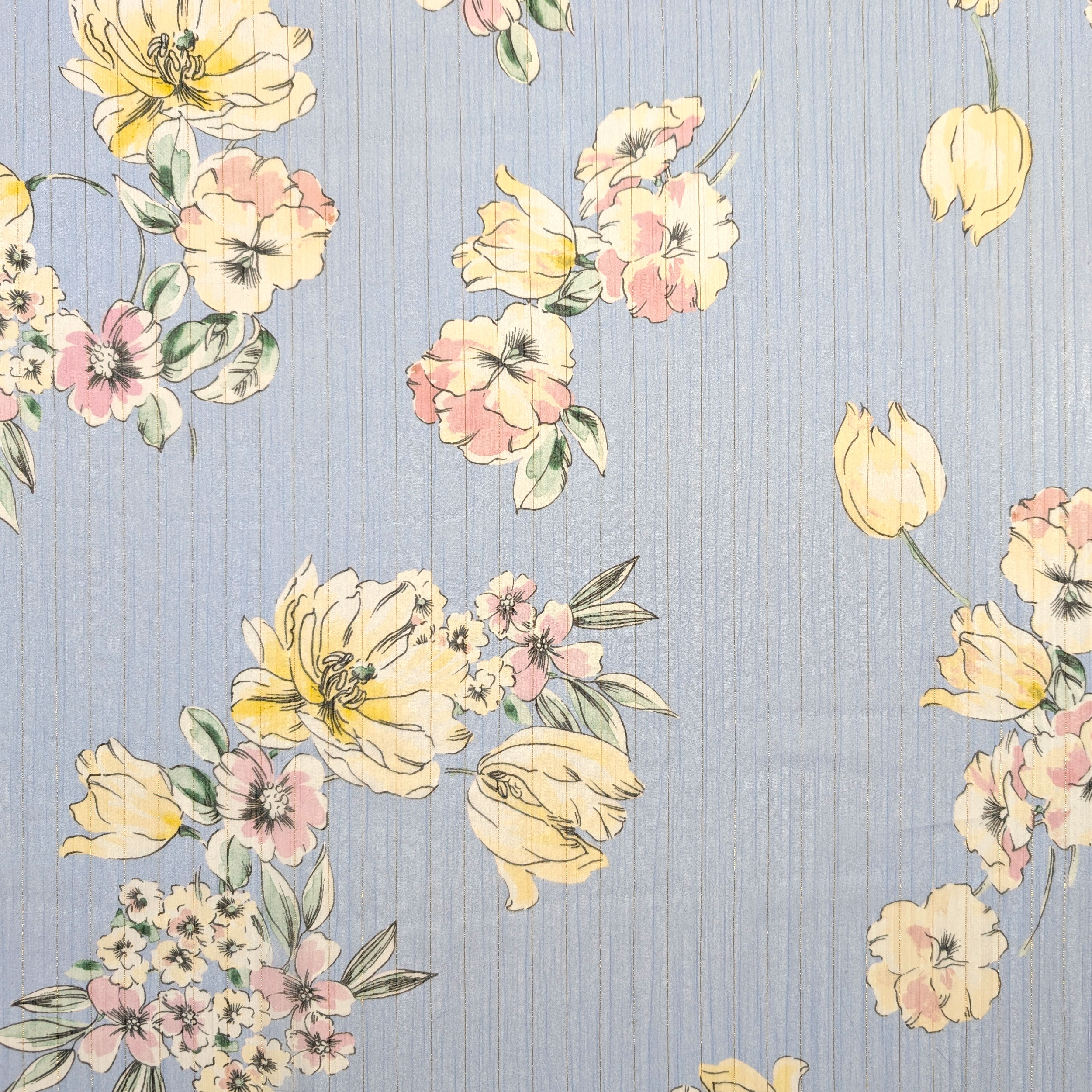 Chiffon Lurex Flowers and Stripes Light blue background Image