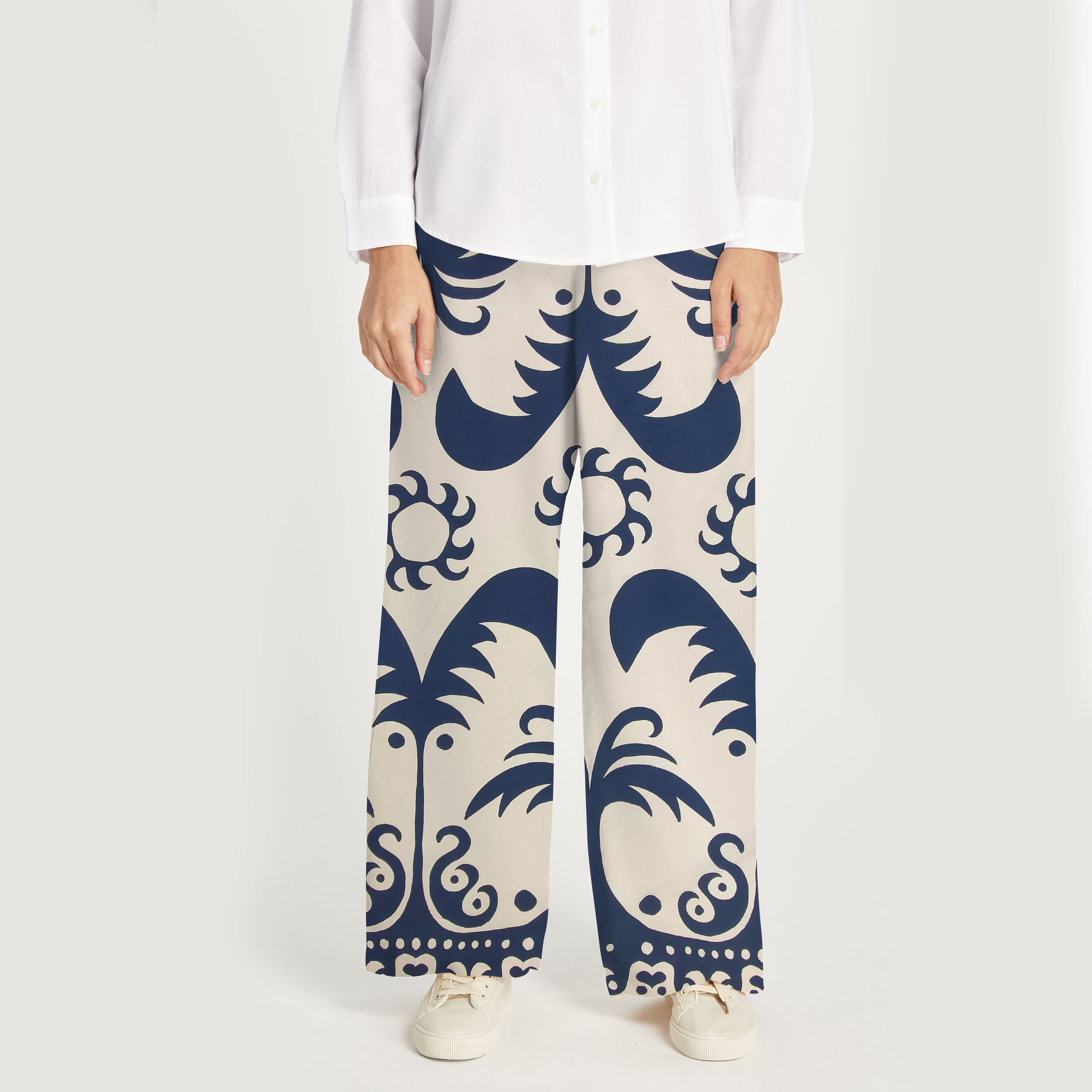 Satin de coton Palmiers fantastiques et soleils bleus