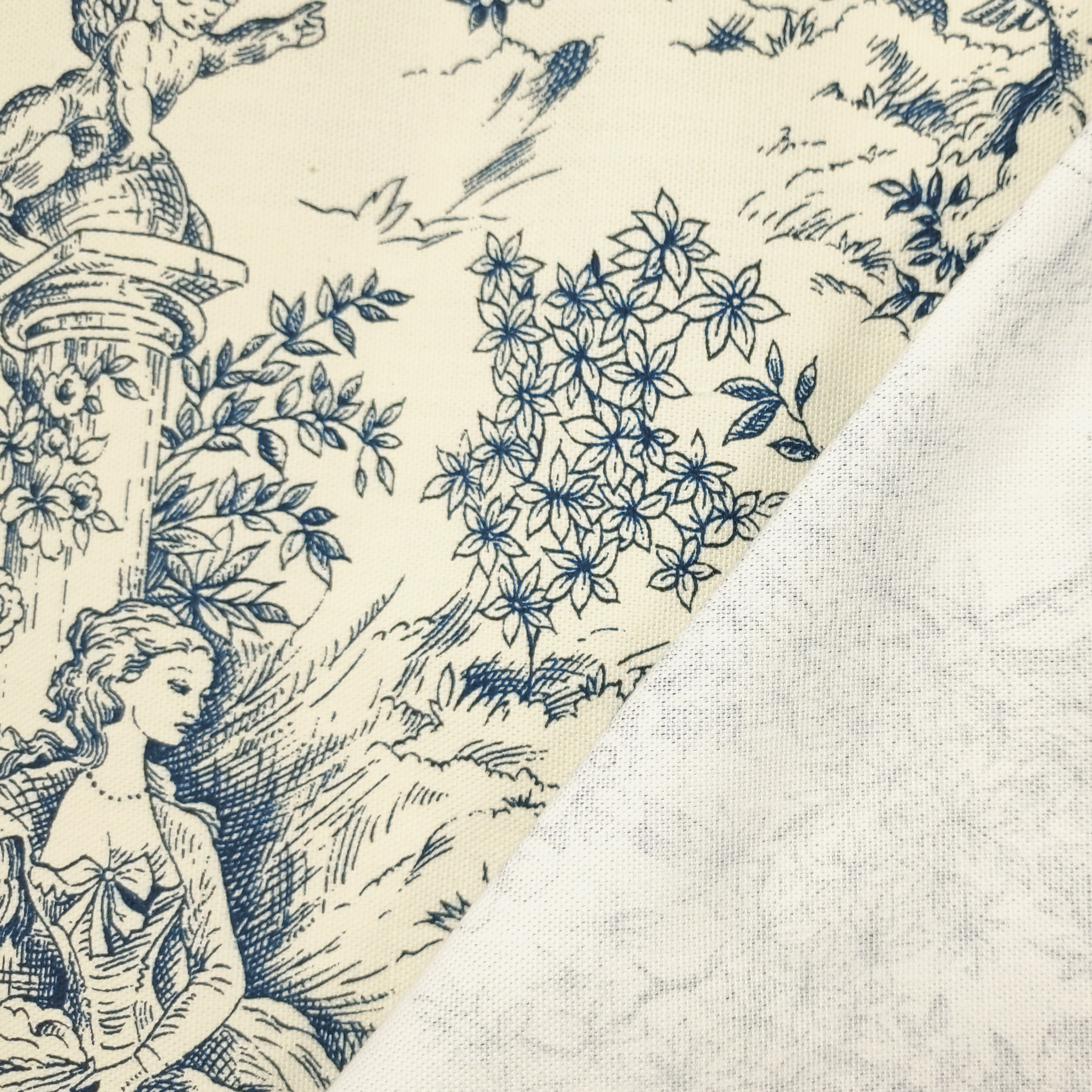 Panama Fabric Toile De Jouy Fond Bleu Crème