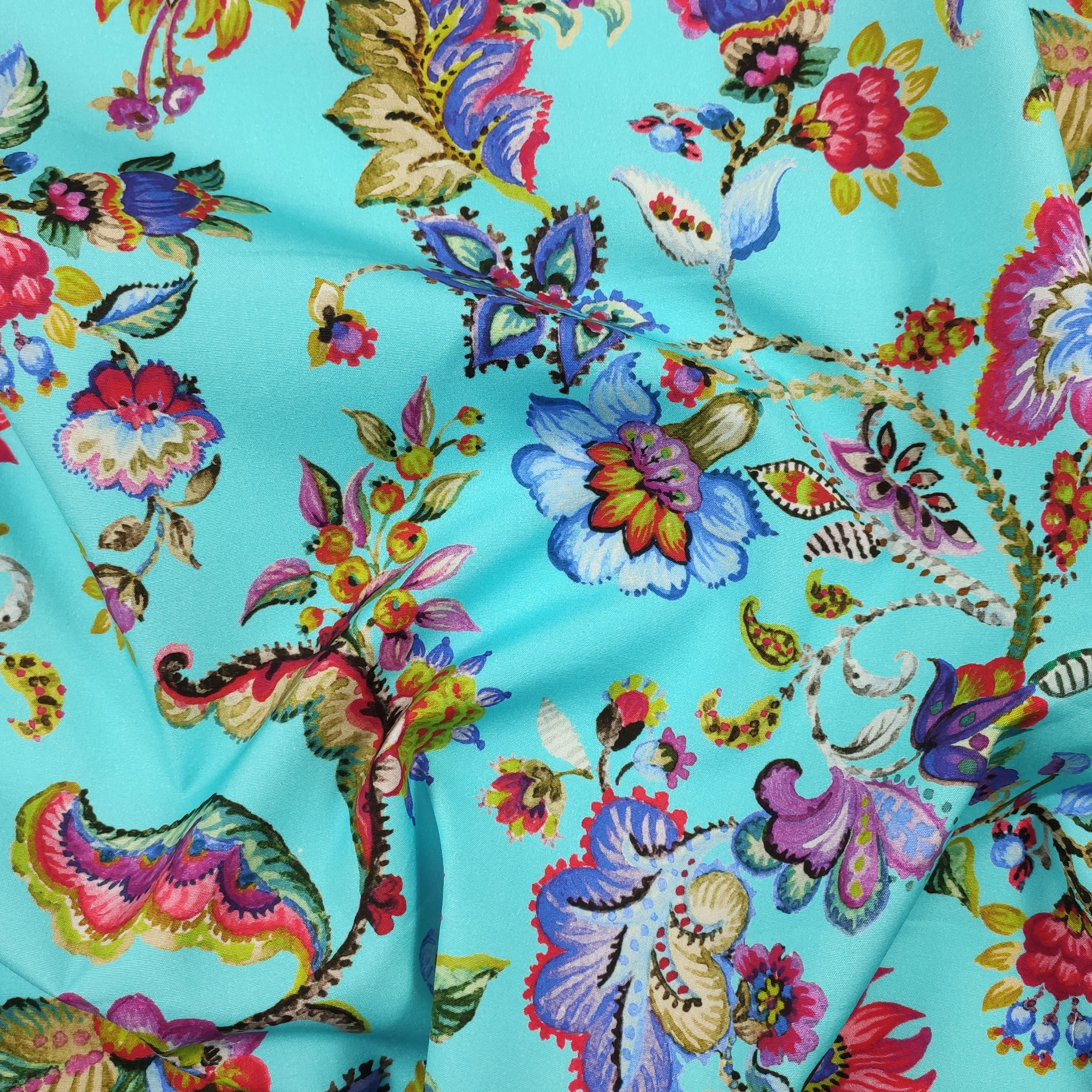 Stretch Cotton Cyan Background with Flowers