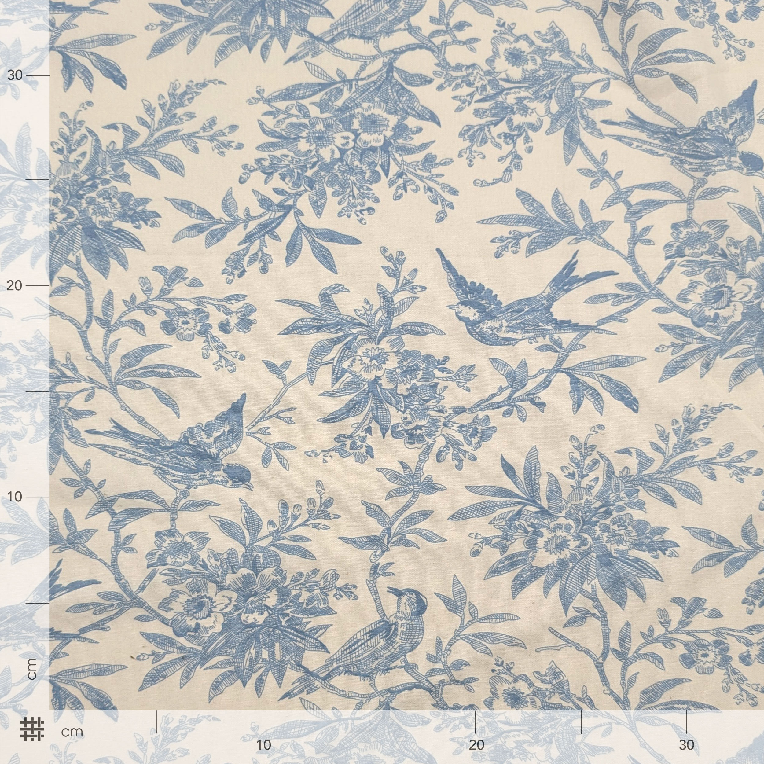 Vintage-print cotton poplin with little birds and branches in light blue Image