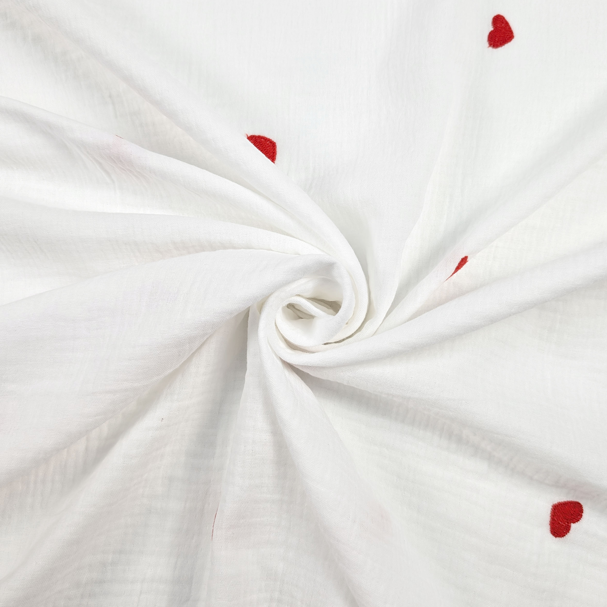 Double Gauze Cotton Muslin Red Embroidered Hearts Image