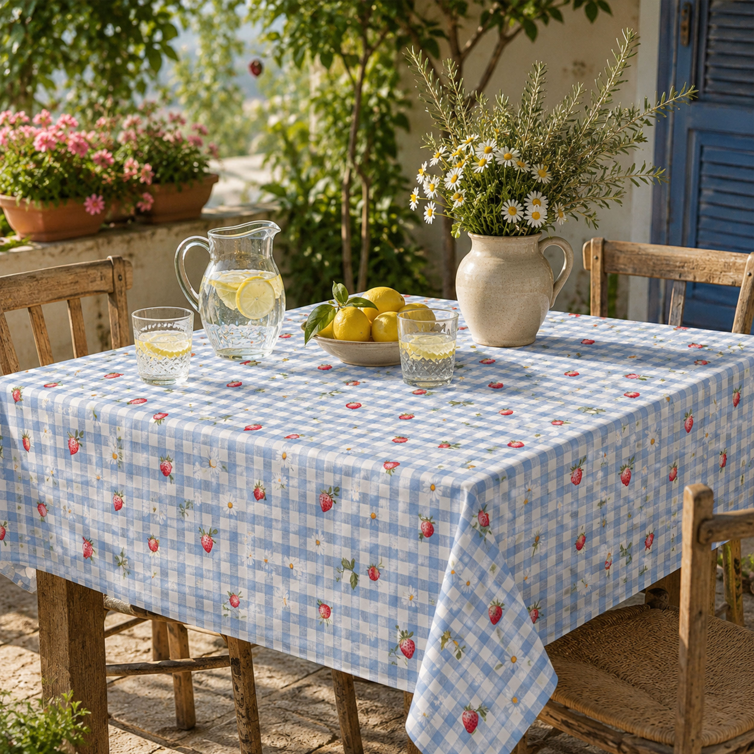 Light Blue and Strawberry Check Cotton Poplin Image