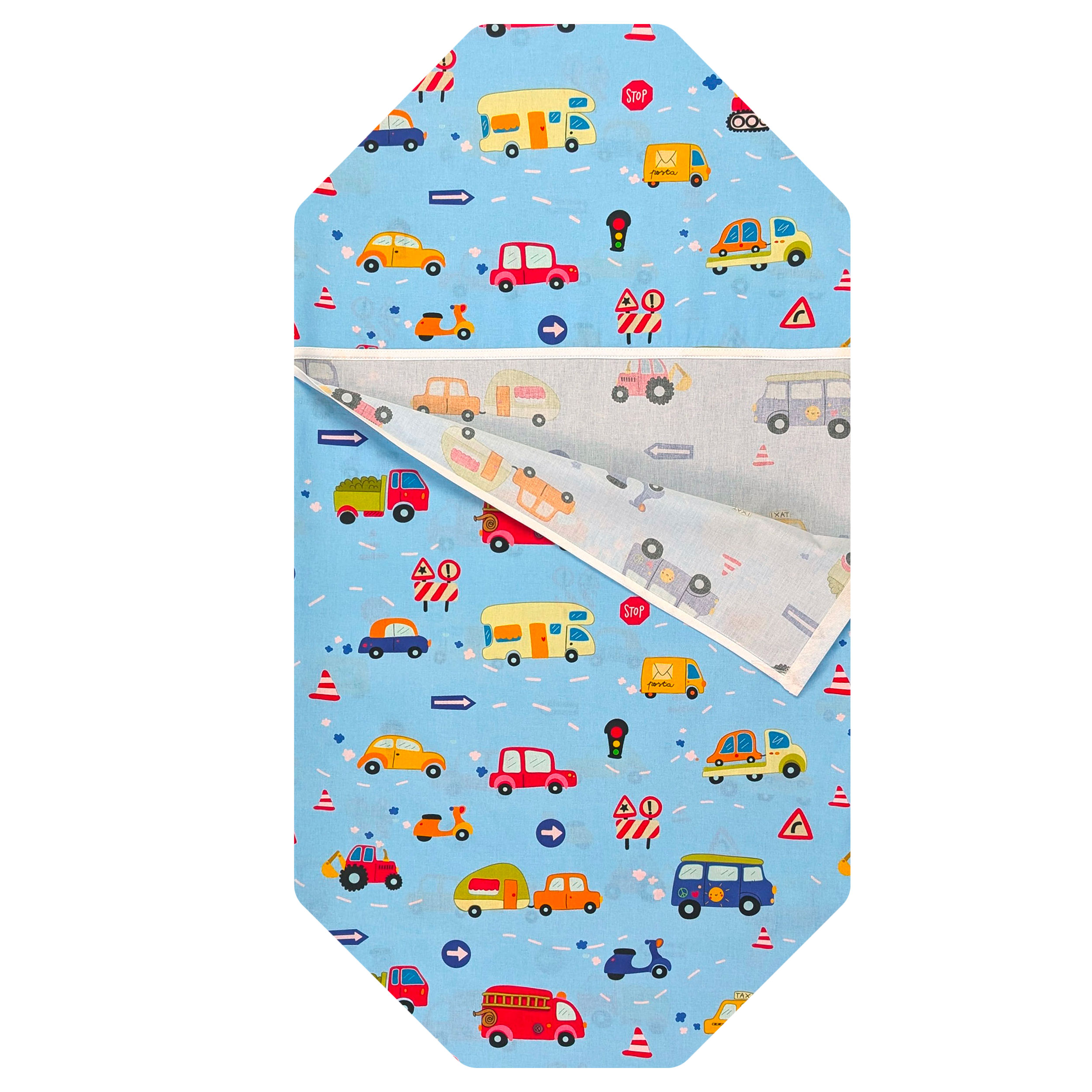 Contoured Summer Sleeping Bag for Camp Beds and Toy Cars – Light Blue Background Image