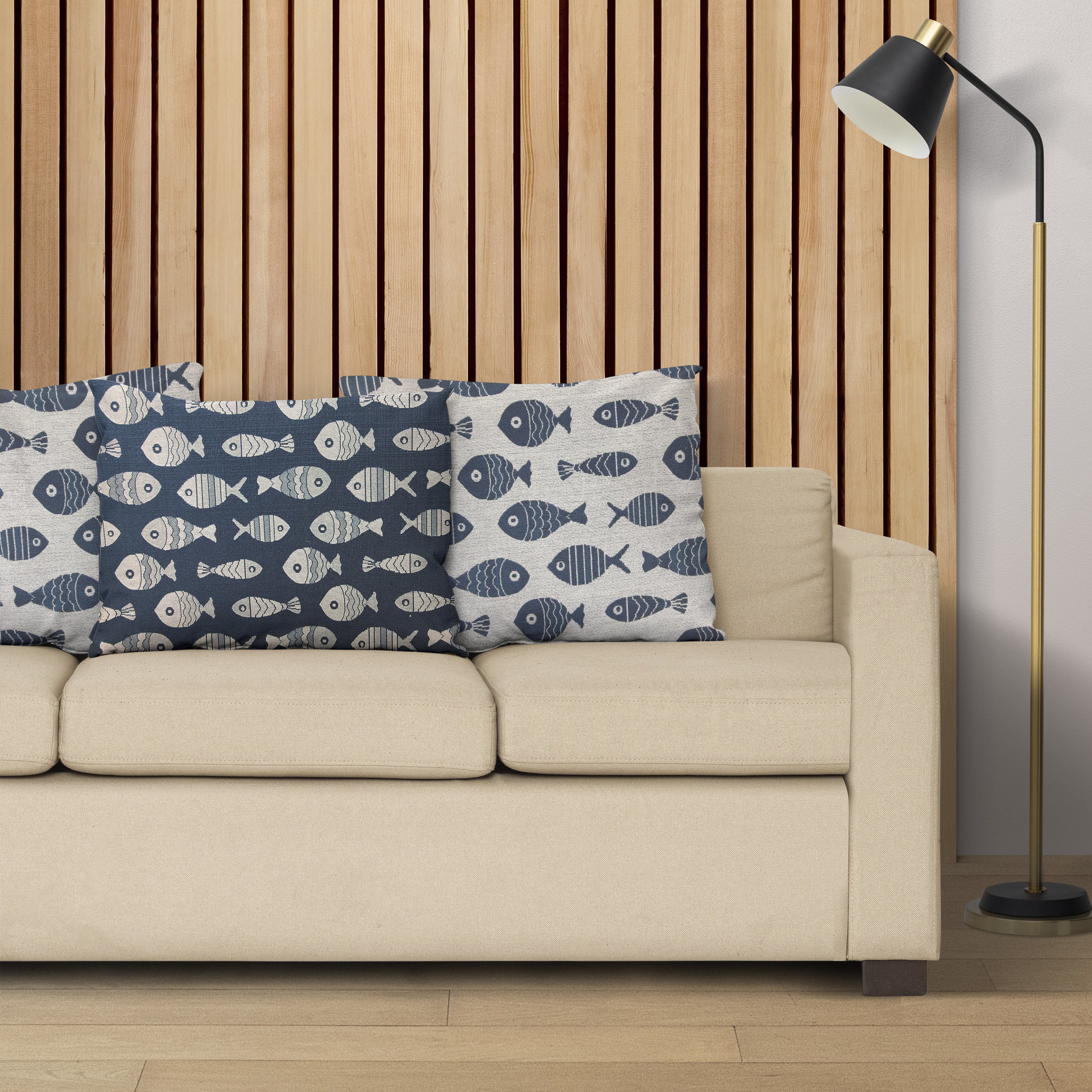 Upholstery Reversible Brocade - Grey, Blue Fishes