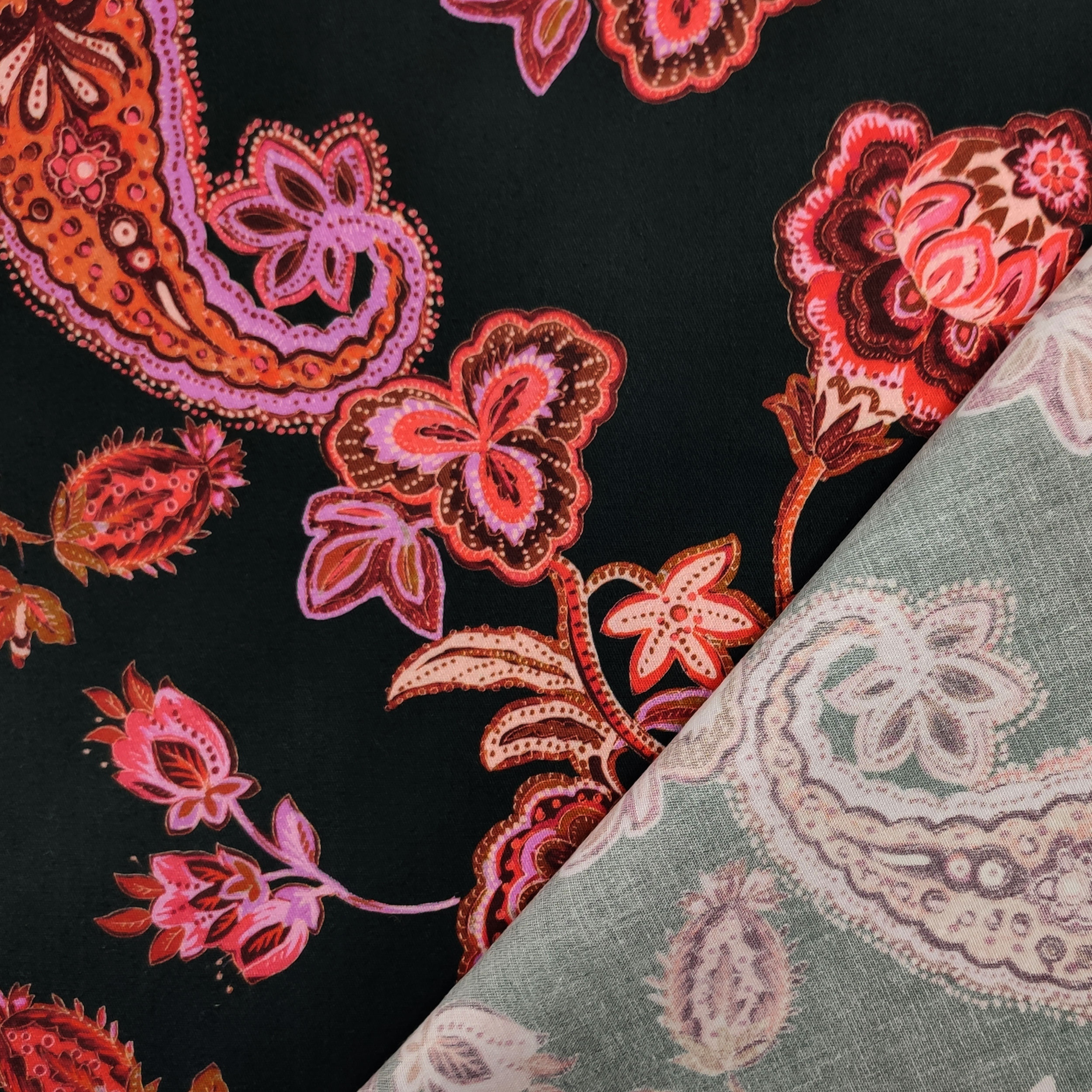 Cotton Black Cashmere Pattern Pink Tones