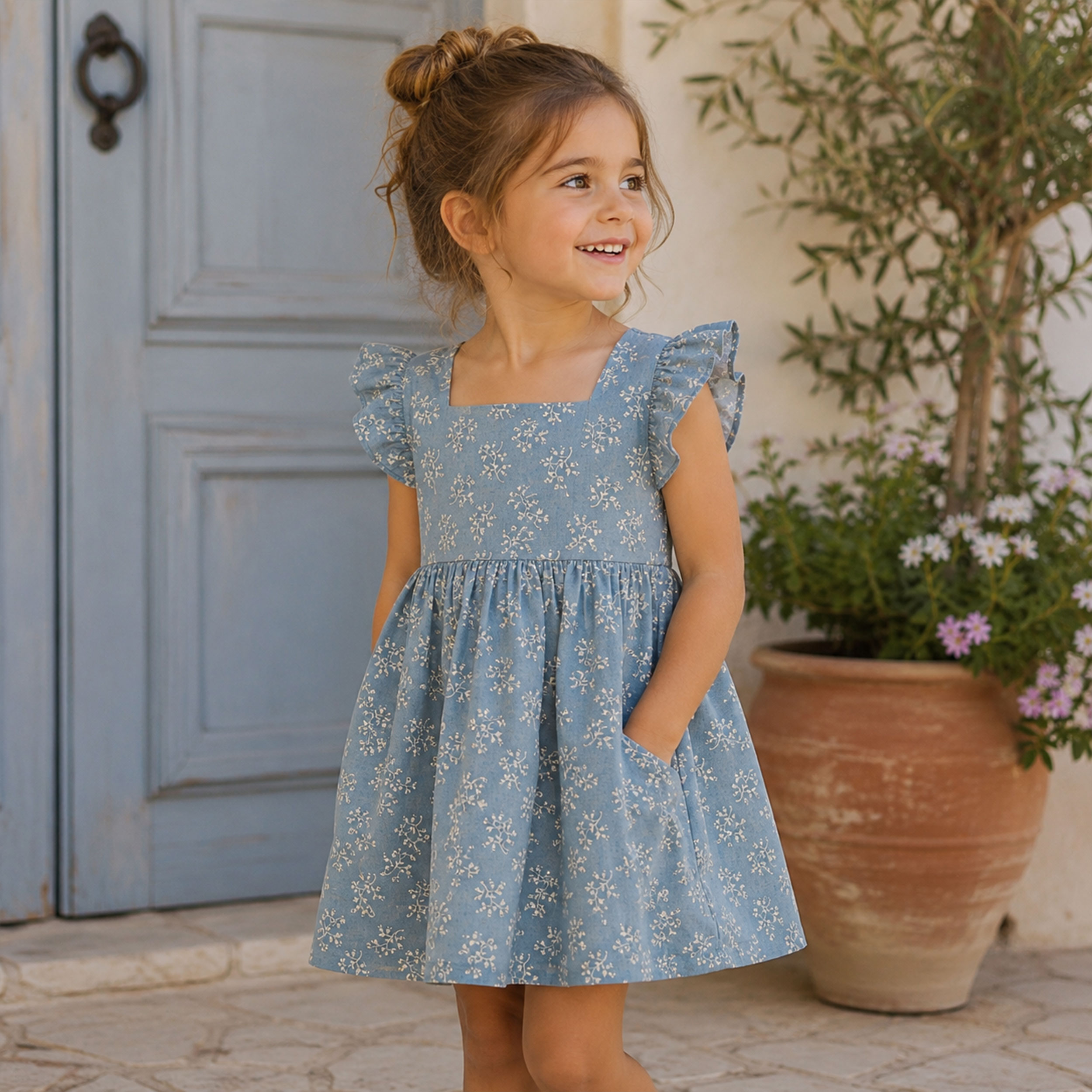 Light Blue Background with Floral Print Cotton Poplin Image