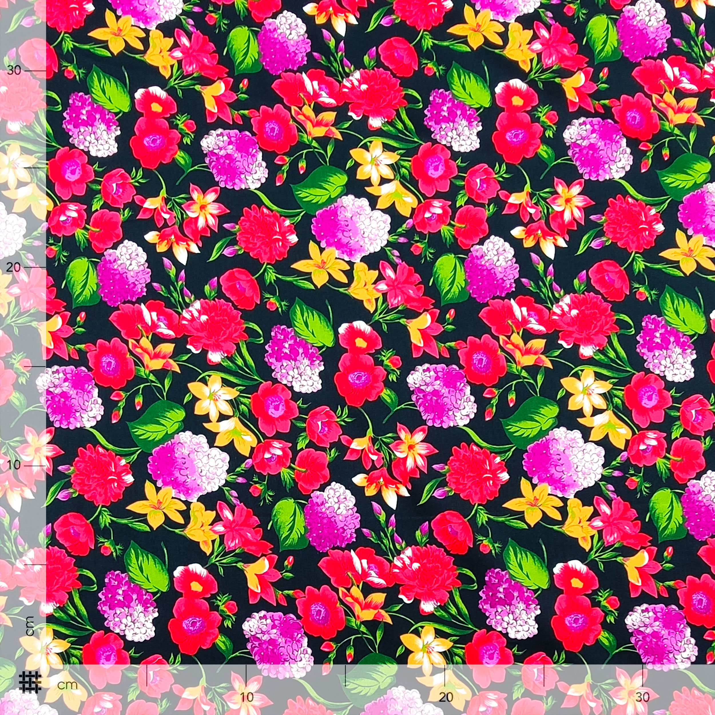 Cotton Rasatello Black Background with Red and Fuxia Flowers