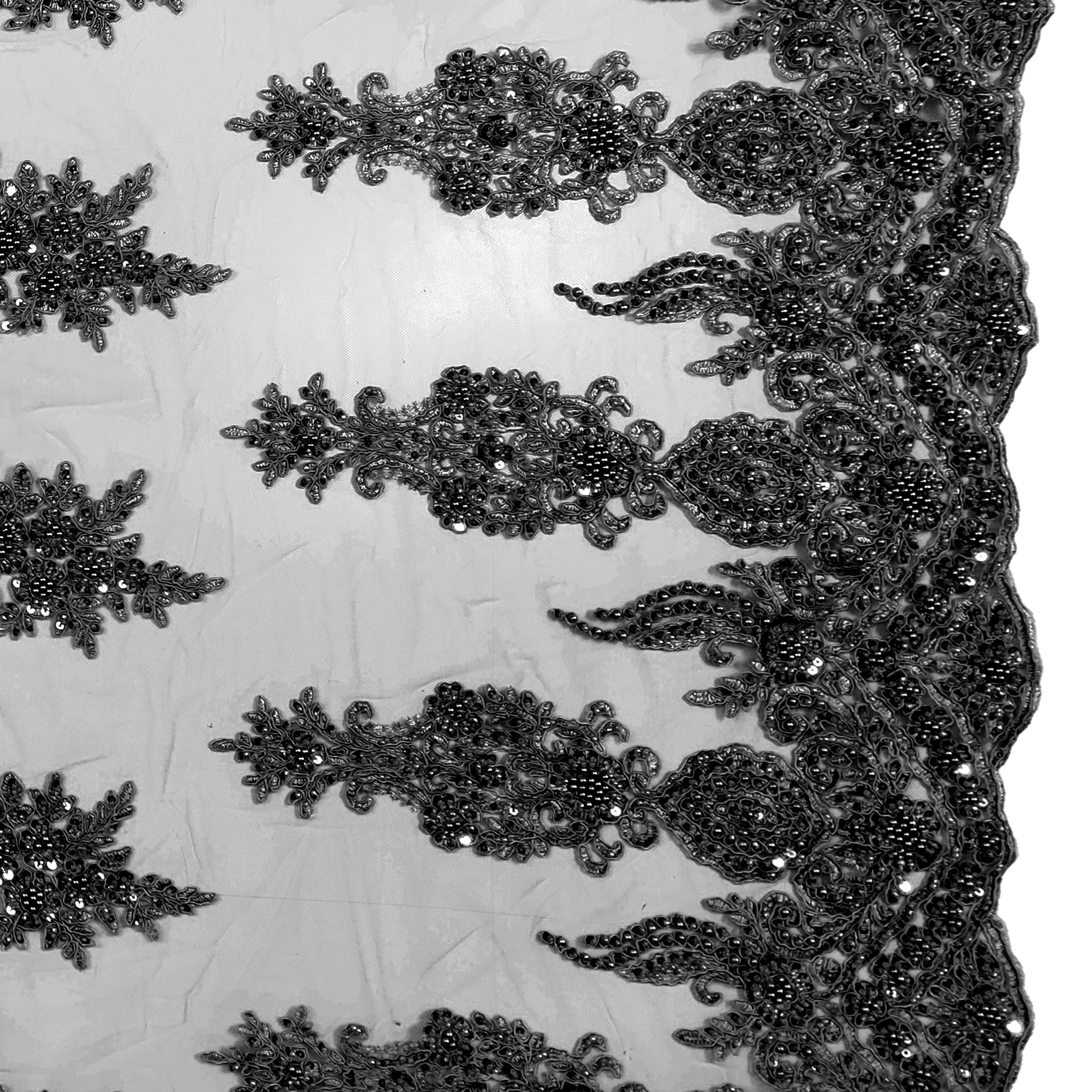 High Fashion Beaded Double Edge Floral Lace - Black