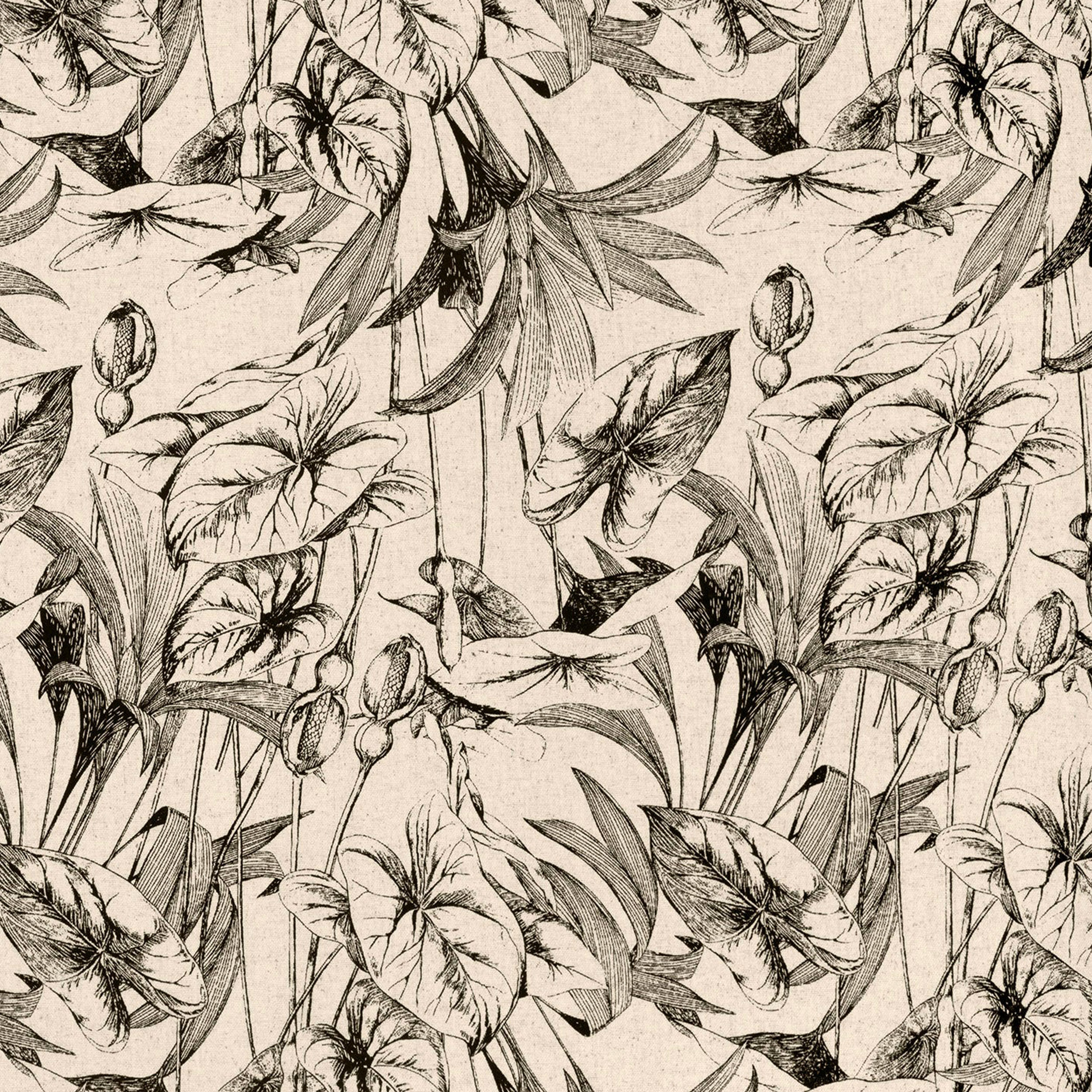 Lino Mixto Hojas Tropicales Fondo Crema