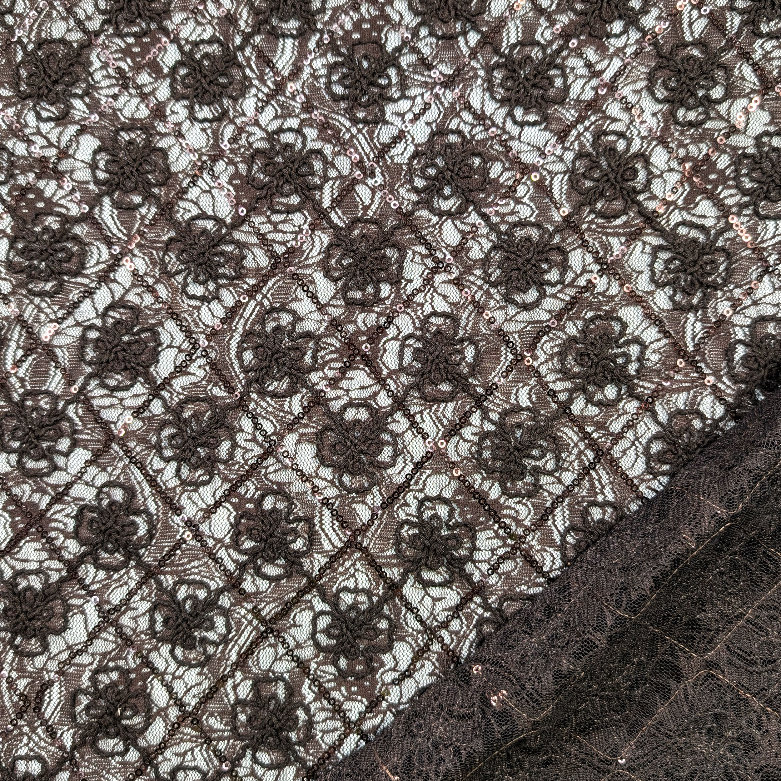 Bi-elastic Lace Embroidered Flowers and Sequins Brown Image