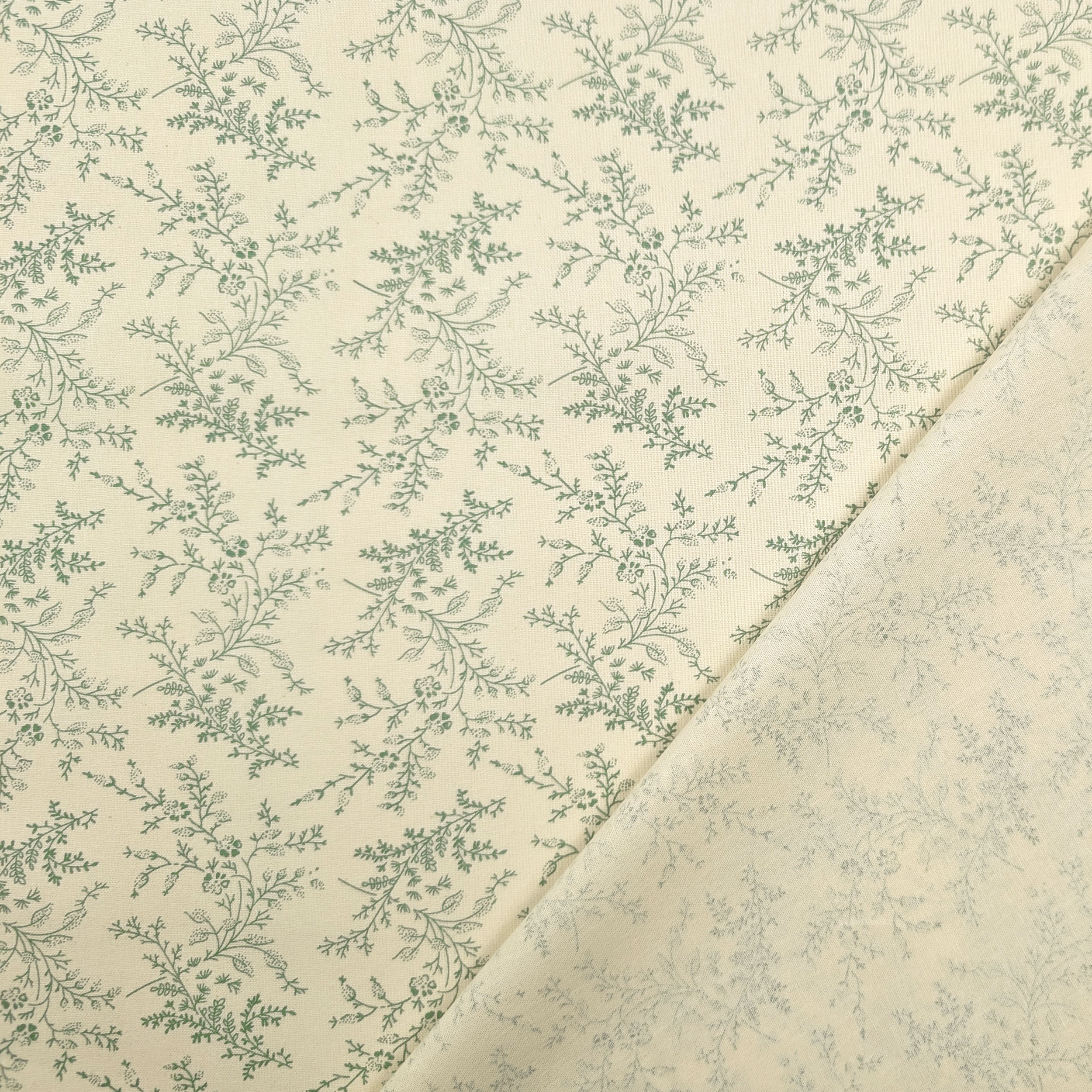 Vintage-print cotton poplin with green branches and flowers Image