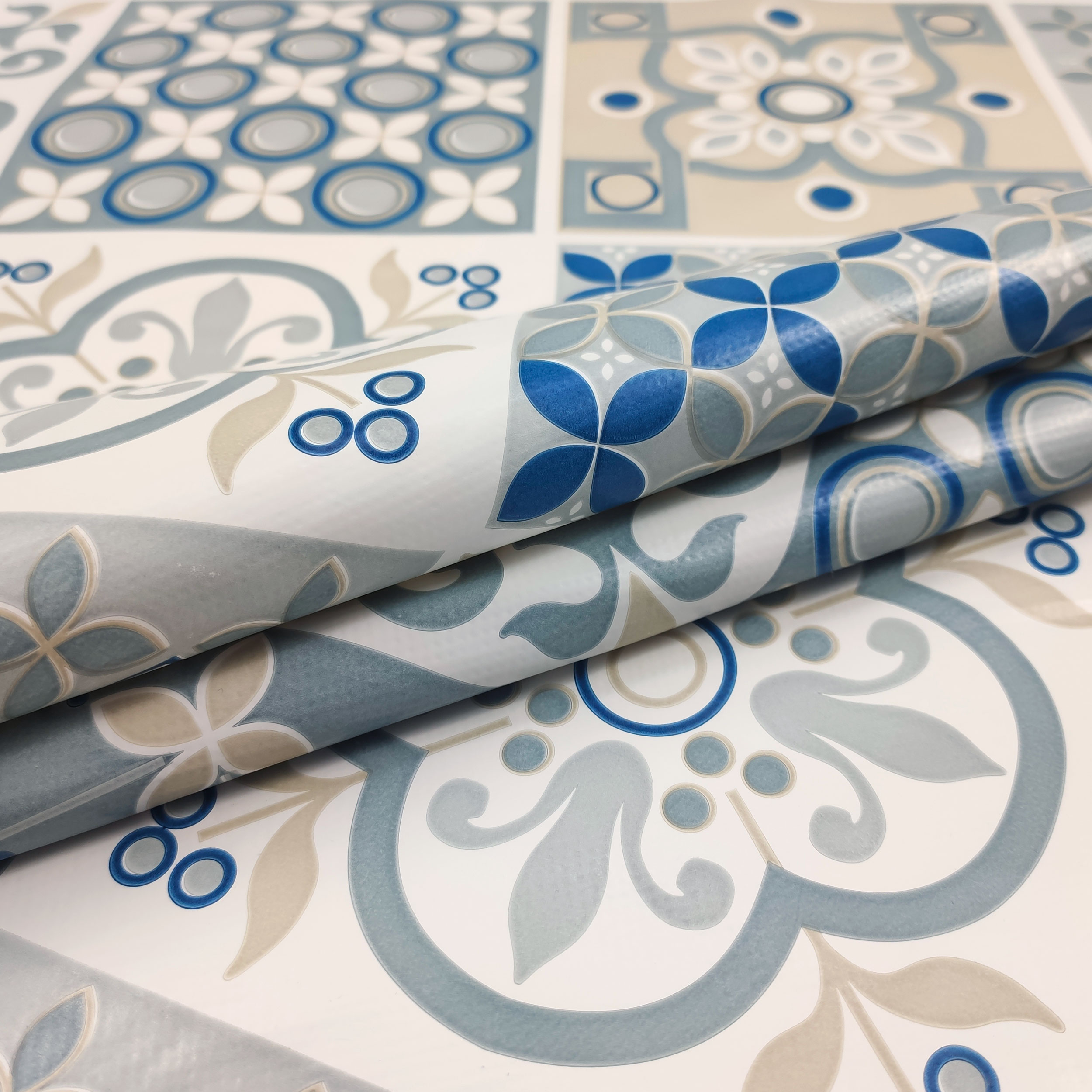 Plastic-coated Tablecloth Fabric Blue and Beige Floral Tiles Image