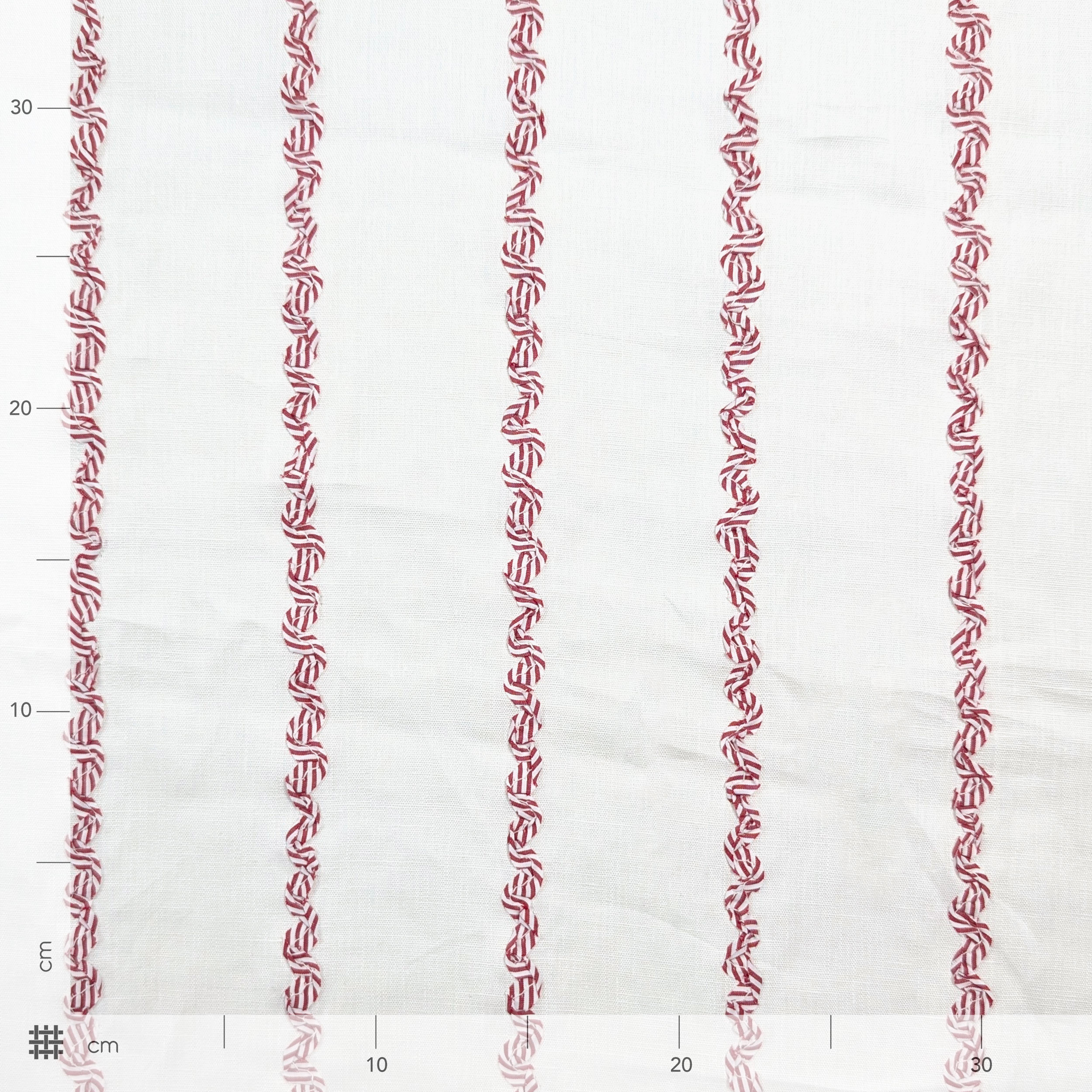 Pure Linen Fabric with Red Wavy Stripes Pattern Image